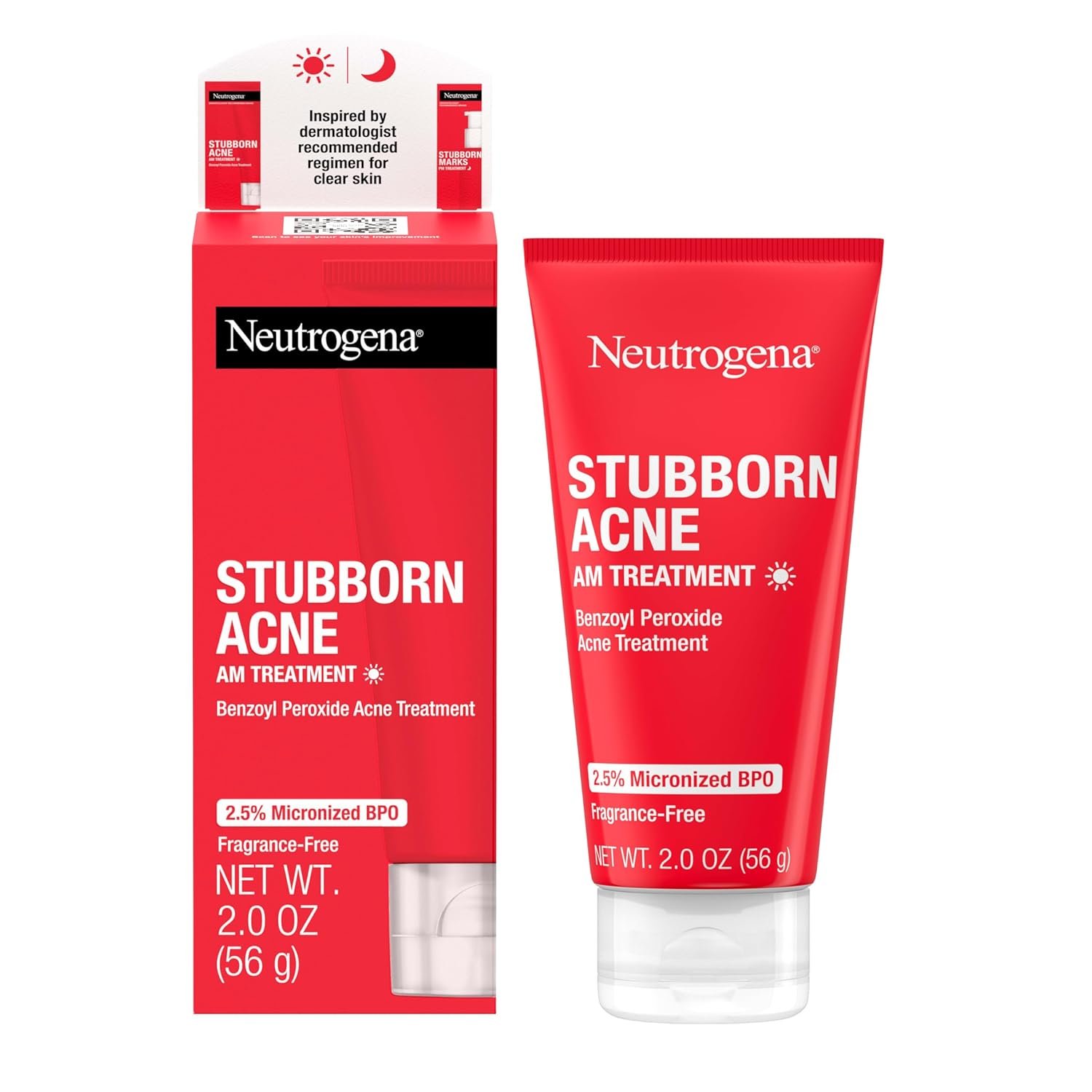Neutrogena Stubborn Acne AM Face Treatment with 2.5% Micronized Benzoyl Peroxide Acne Medication, Oil-Free Daily Facial Treatment Reduces Size & Redness of Breakouts, Paraben-Free, 2.0 oz | 2.5%