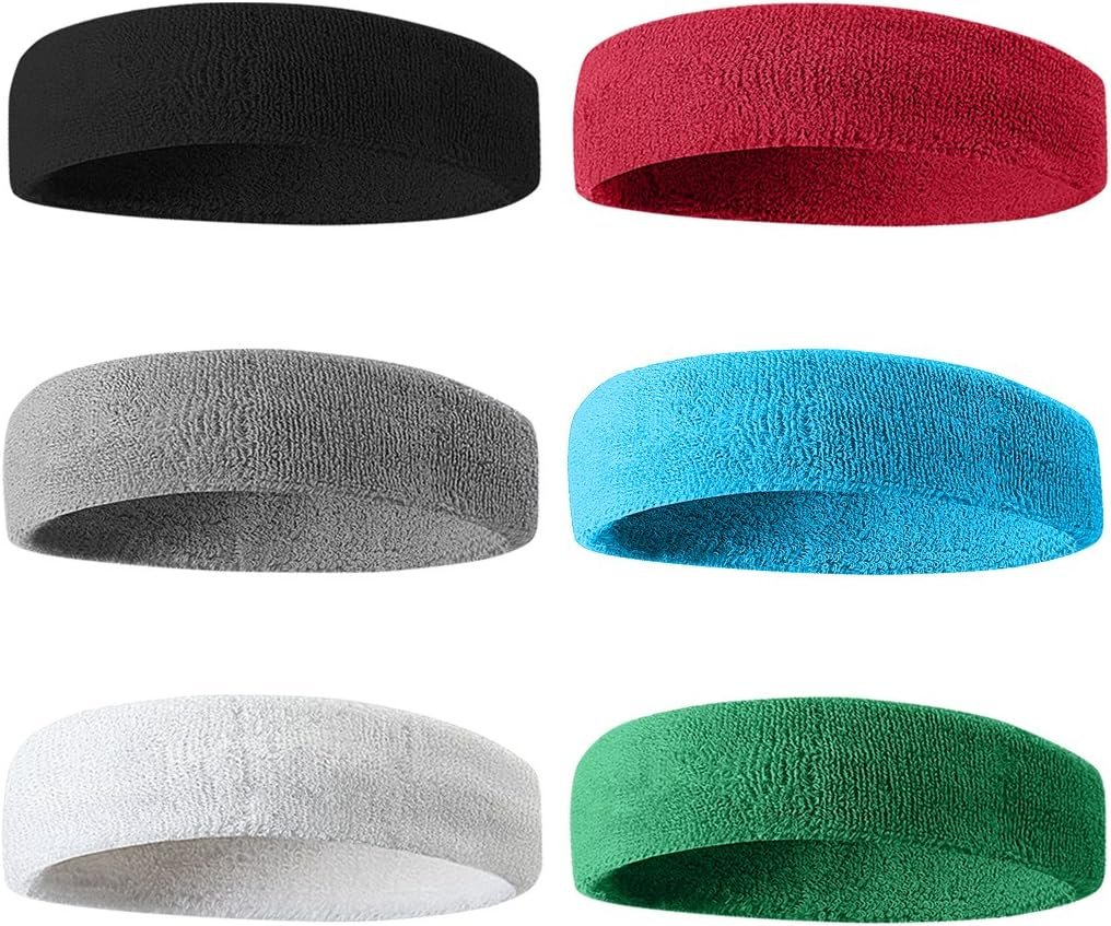 BEACE Sweatbands Sports Headband for Men & Women – 6PCS Moisture Wicking Athletic Cotton Terry Cloth Sweatband for Tennis, Basketball, Running, Gym, Working Out