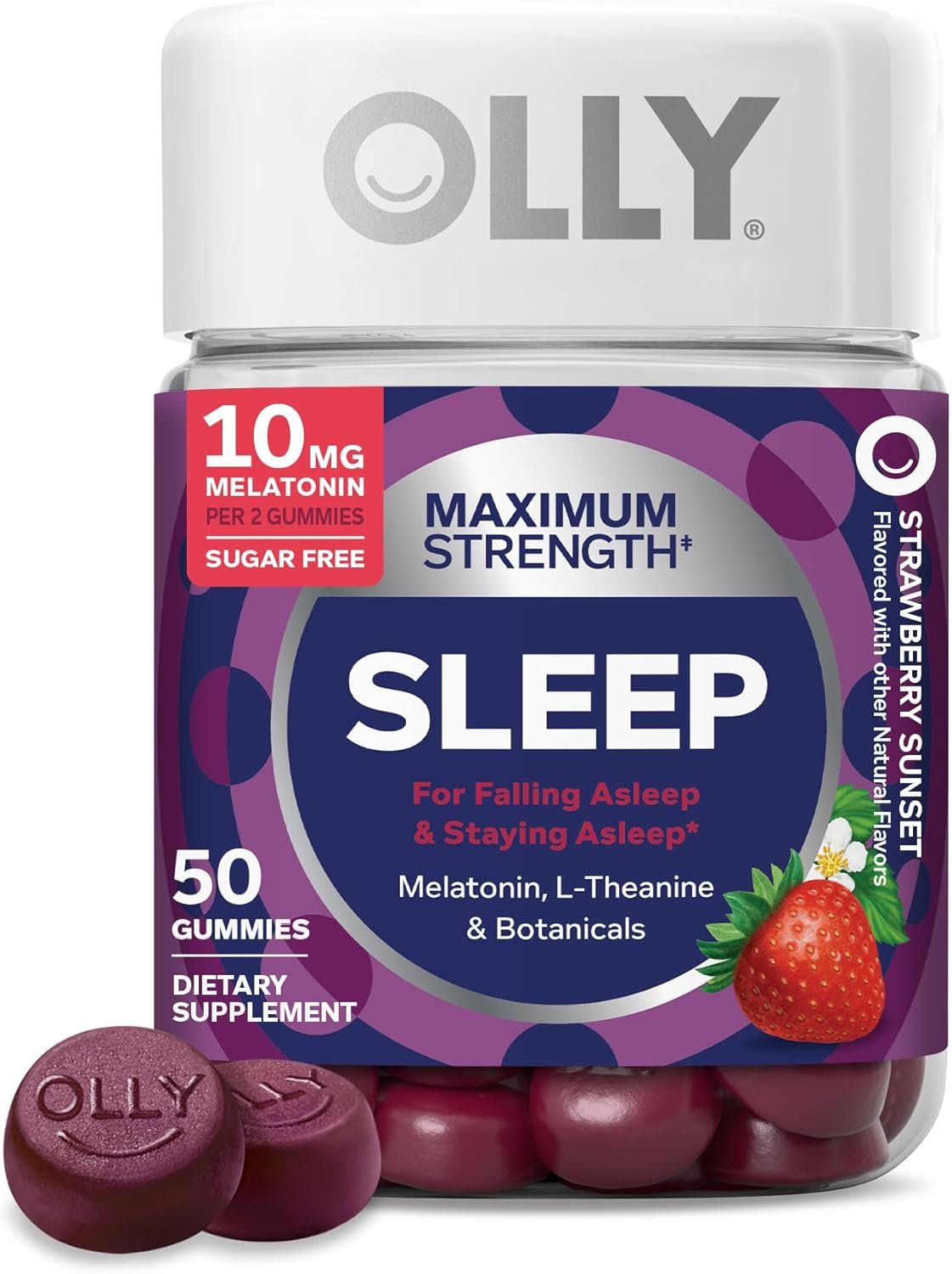 OLLY Max Strength Sleep Gummy, 10mg Melatonin, L-Theanine, Chamomile, Lemon Balm, Sugar Free, Vegetarian Sleep Aid, Strawberry – 50 Count