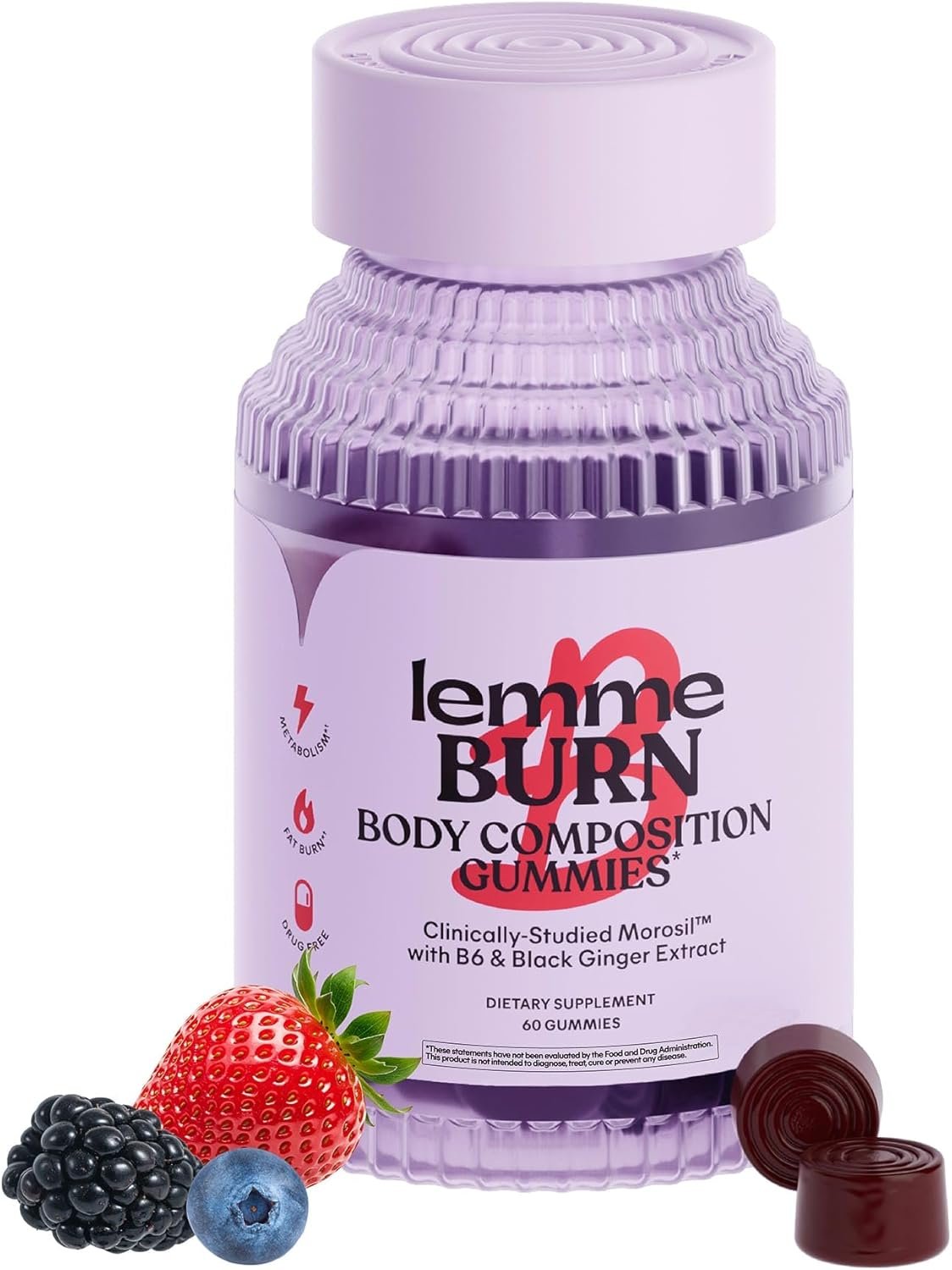 Lemme Burn Belly Fat & Metabolism Gummies for Women, 30-Day Supply | Clinically Studied Morosil, Black Ginger, B6, B12, Chromium, Vegan, Gluten-Free, Berry Flavor