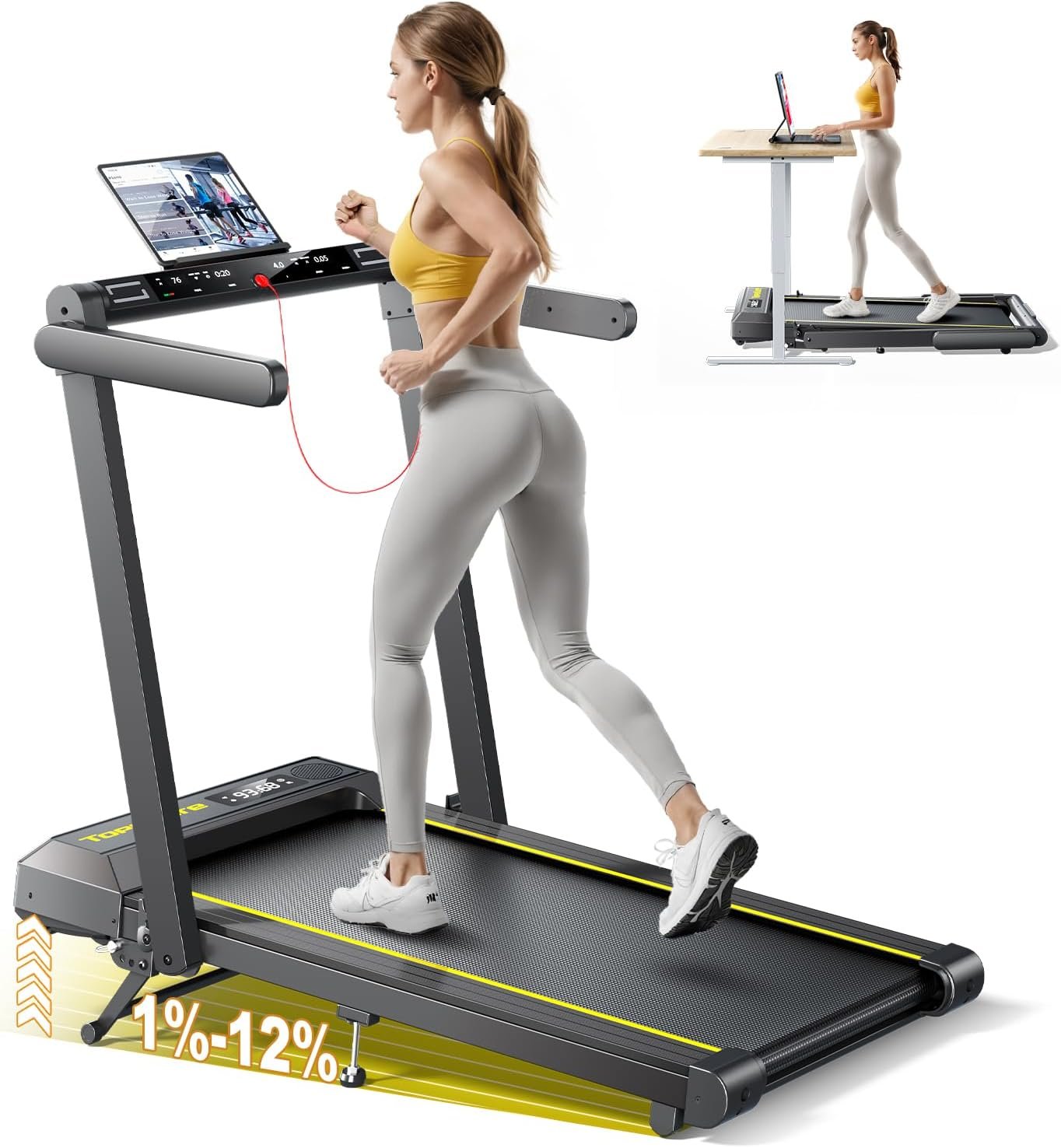 TOPUTURE Walking Pad Treadmill with 12% Incline, 4 in 1 Foldable Treadmill with Handle Bar for Home/Office, Under Desk Treadmills Portable Folding Walking Pad with App & Bluetooth Speaker, 0.6-10MPH
