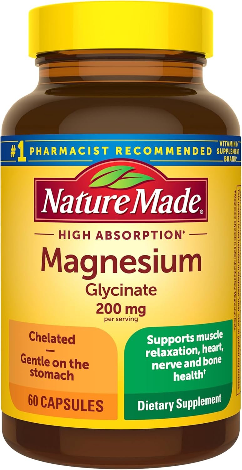 Nature Made Magnesium Glycinate 200 mg per Serving, 60 Capsules | High Absorption Magnesium Supplement for Muscle, Heart and Bone Support, Magnesium Bisglycinate Capsules, 30 Day Supply