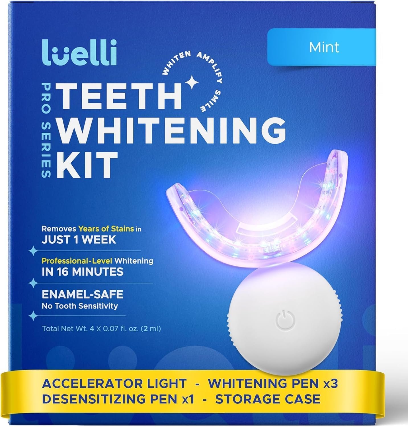 Luelli Teeth Whitening Kit with 35% Carbamide Peroxide – Teeth Whitener for Sensitive Teeth | Enamel Safe – 32 LED Lights – Wireless with Tray and Whitening Gel Pen for Home | Travel (Mint)