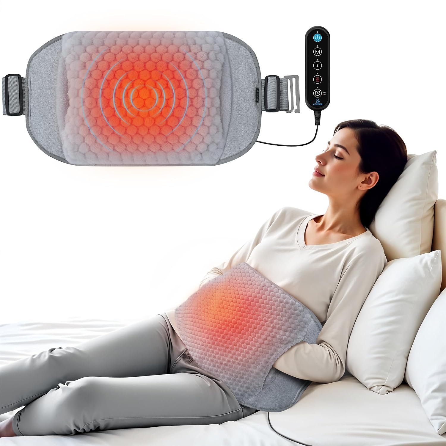 COMFIER Heating Pad with Massager for Back Pain,Extra Large Size Heating Pads for Cramps,Auto Shut Off, Corded Heated Waist Belt with 3 Vibration Modes, Gifts for Women Men, Dark Grey