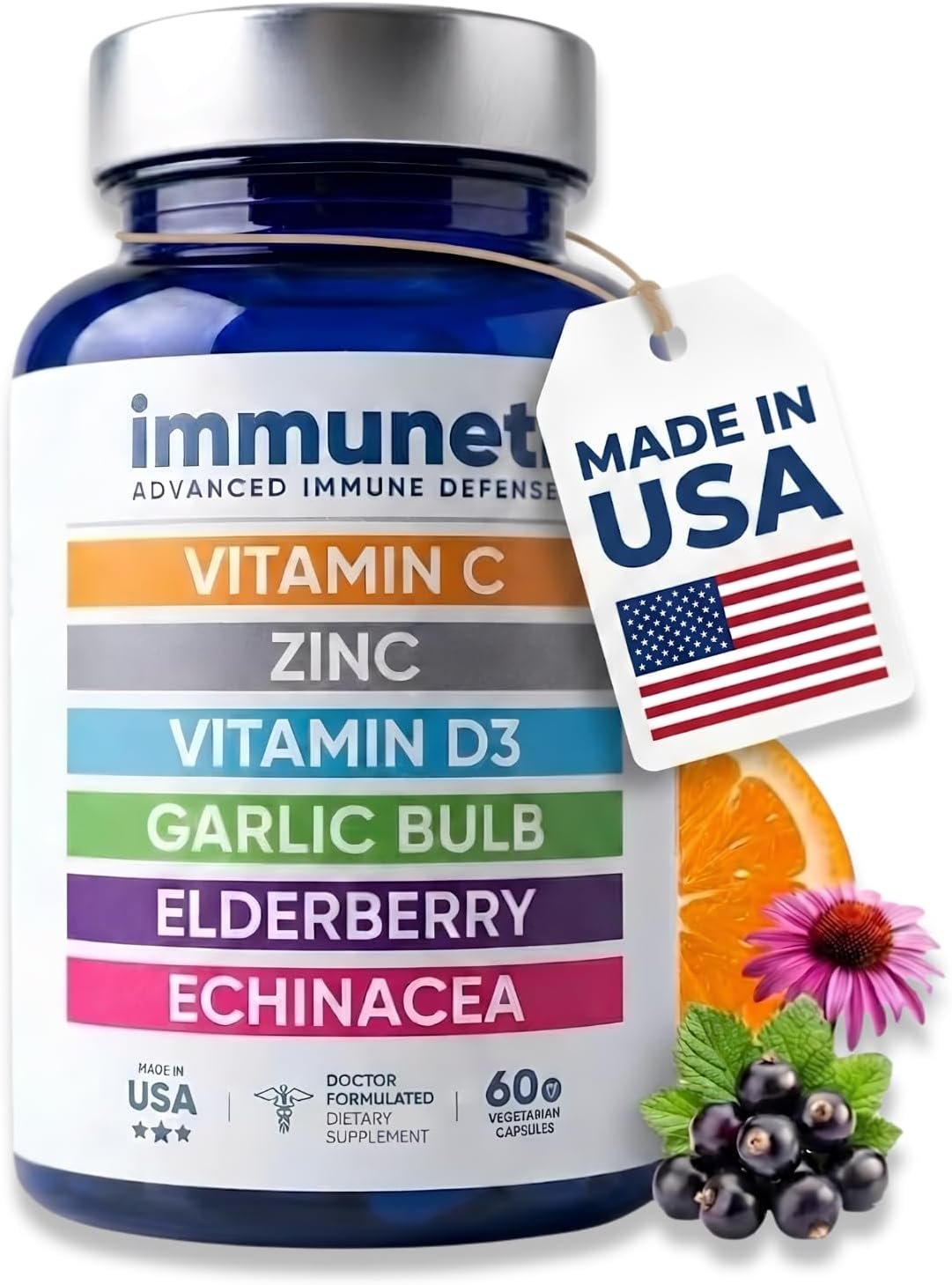 Immuneti Advanced Immune Support – Doctor Formulated 6-in-1 Daily Immunity Supplement – Made in USA – With Vitamin C, D3, Zinc, Elderberry, Garlic & Echinacea – Vital Nutrients & Antioxidants (1)