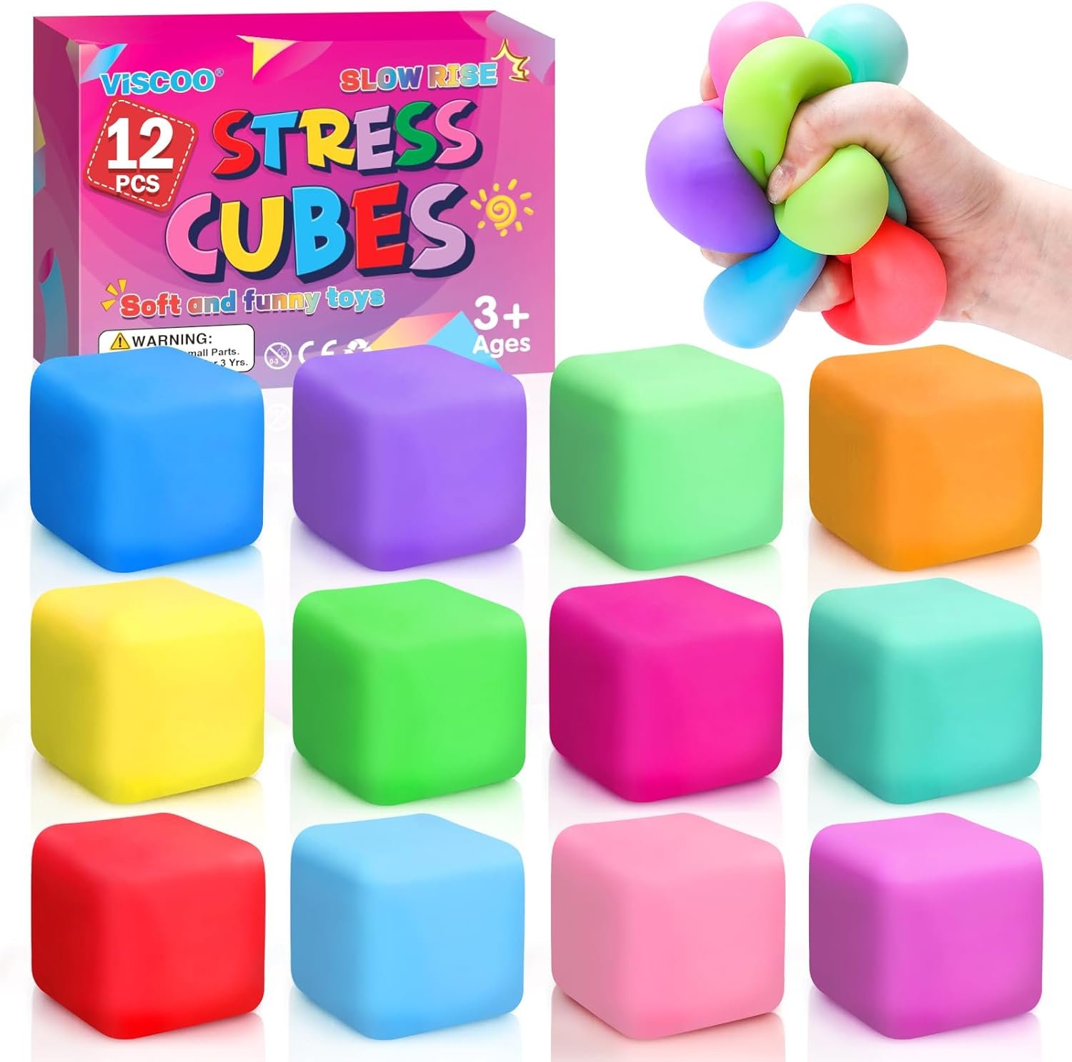 VISCOO 12 Pack Slow Rising Stress Cube, Stress Balls Fidget Squishy Toys | Squeeze Toy for Anxiety Relief, Pull Stretch Squishy Ball for Classroom Prize, Party Favors for Kids Adults