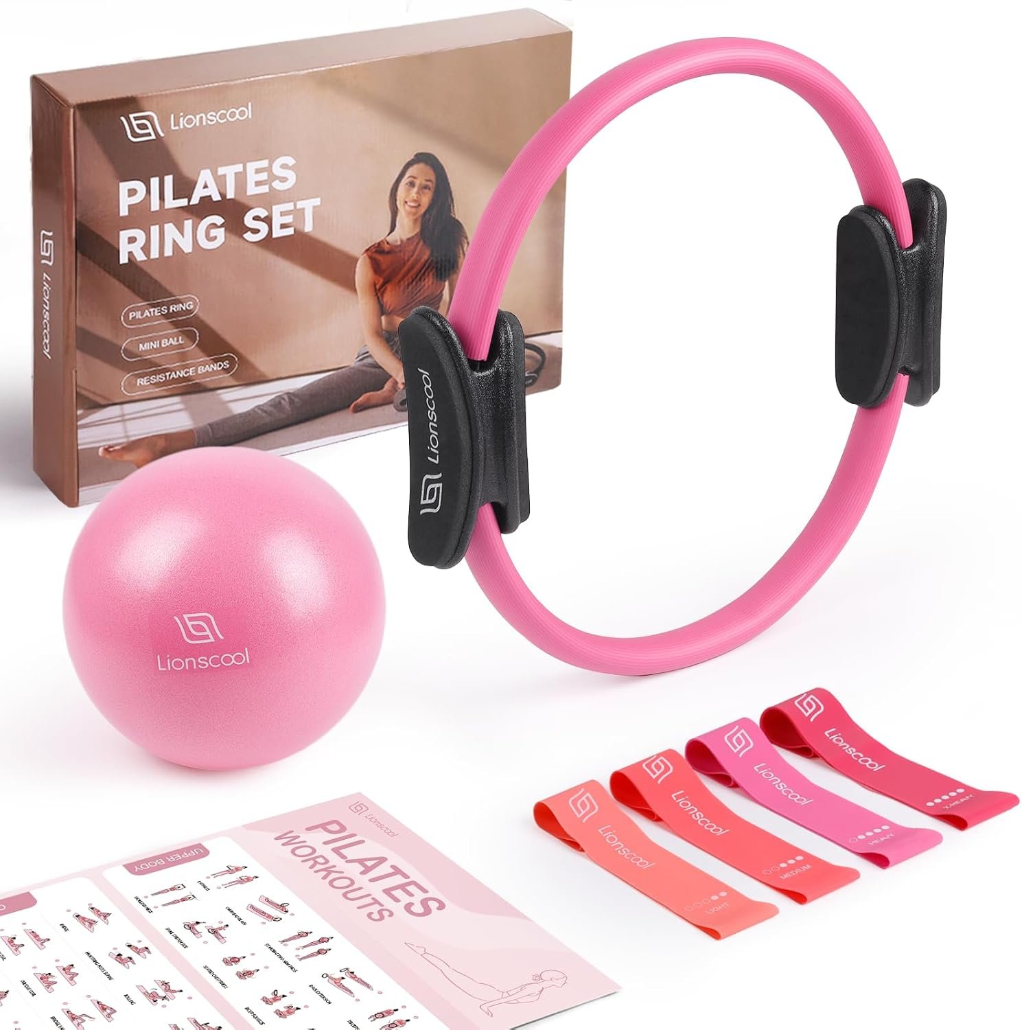 LIONSCOOL Pilates Ring Set – 14″ Anti-Deformation Magic Circle with Padded Handles, 9″ Mini Ball, Elastic Latex Resistance Bands, Guide & Bag