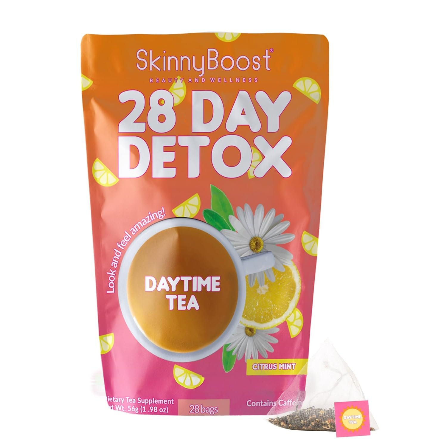 SkinnyBoost 28 Day Detox Daytime Tea – CITRUS MINT (28 Tea Bags) Supports Metabolism Boost, Detox, All Natural, Non GMO, Vegan, Keto Friendly | Natural Energy Boost, Supports Metabolism, Detox, All Natural, Non GMO, Vegan, Keto Friendly, Antioxidants