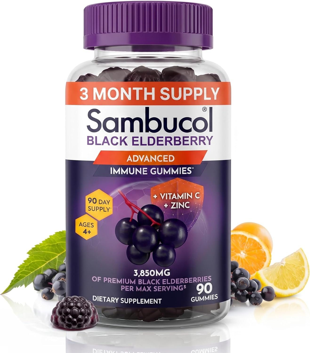 Sambucol Elderberry Gummies – Immune Support Supplement – 90 Count | Advanced Formula For Adults & Kids with Vitamin C & Zinc, Sambucol Elderberry are High in Antioxidants, Gluten Free, Vegan
