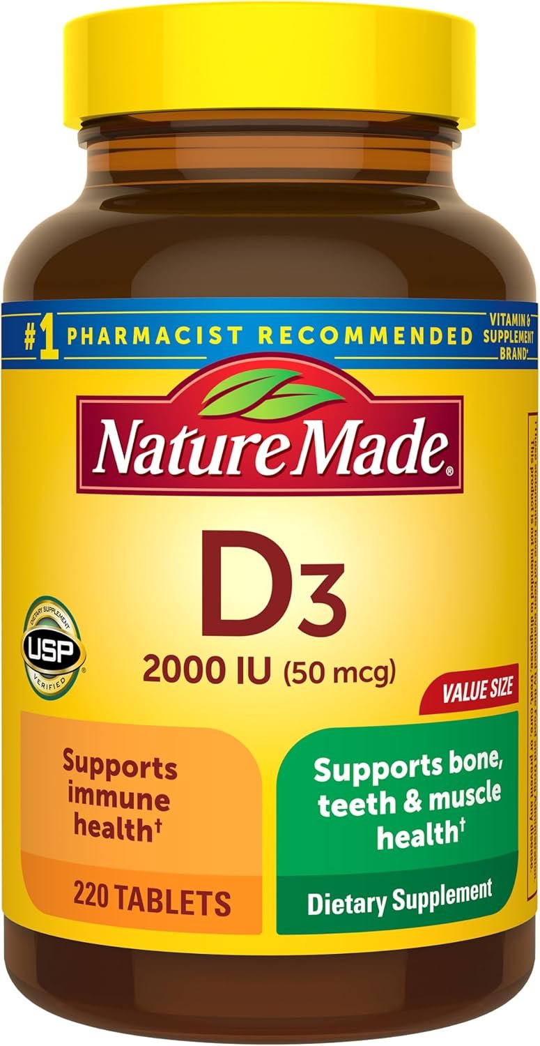 Nature Made Vitamin D3 2000 IU (50 mcg), Vitamin D Supplement for Bone, Muscle and Immune Health Support, 220 Tablets