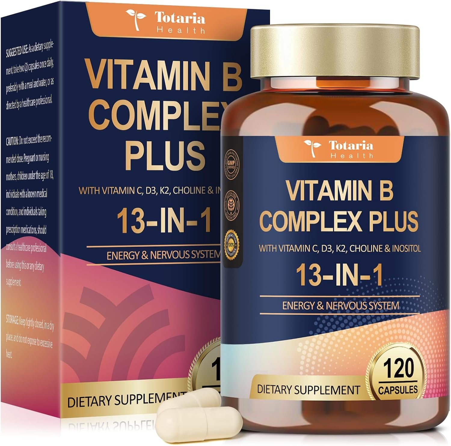 13-in-1 Vitamin B Complex Plus with Vitamin B1, B2, B3 (Niacinamide), B4, B5, B6, B7 (Biotin), B8 (Inositol), B9 (Folate), B12, C, D3, K2 – Energy, Nerve, Immune, Skin Support – 120 Vegan Capsules