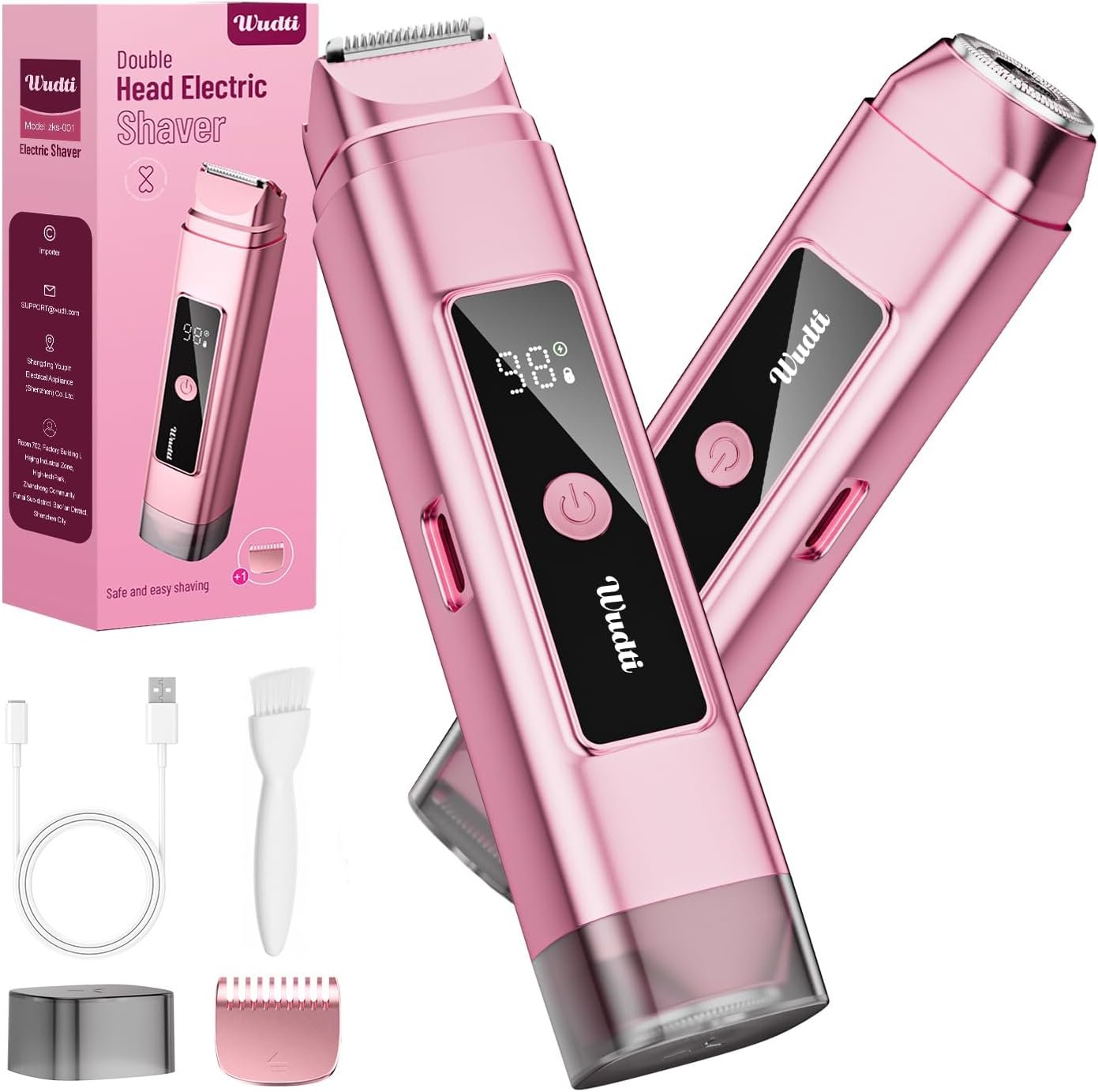 Dual Head Electric Bikini Trimmer for Women: IPX7 Waterproof Lady Shaver with LED Display – Rechargeable Pubic & Body Hair Razor – Rococo Pink
