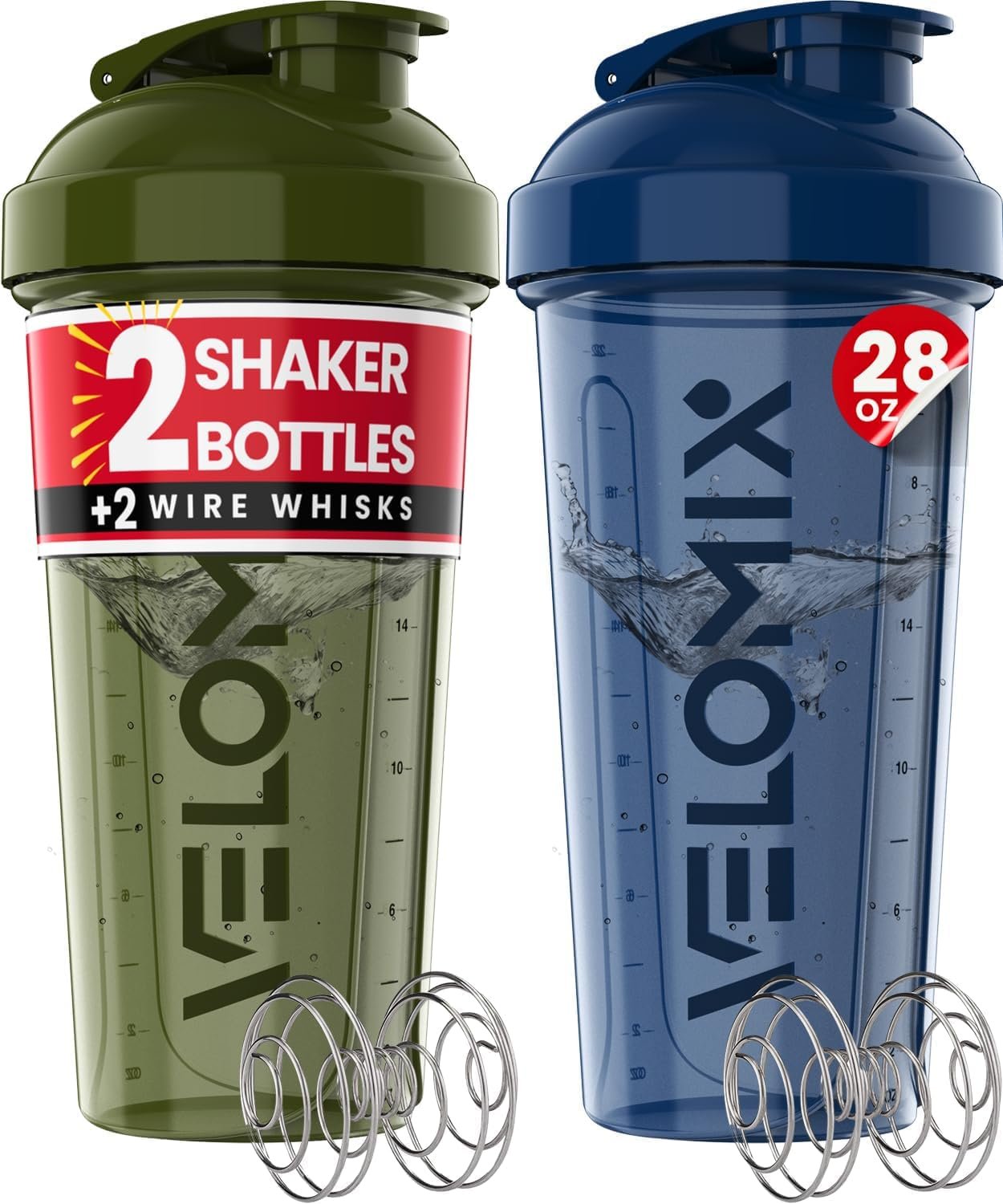 VELOMIX 2 Pack 28oz Protein Shaker Bottle for Protein Mixes, Blue/Green | 2x Wire Whisk, Leak Proof Shaker Cups for Protein Shakes, Stackable, Dishwasher safe, BPA free, Pre Workout and Fitness ready