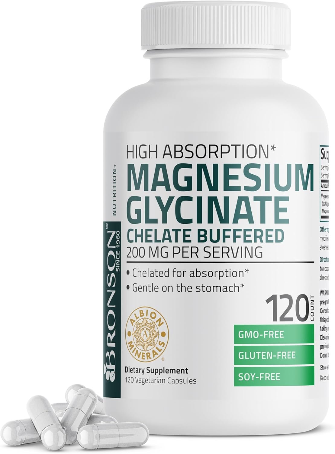 Bronson Magnesium Glycinate 200 MG Chelated High Absorption, 120 Capsules | Stress Relief, Sleep, Heart Health, Nerves, Muscles, and Metabolism Support, Vegetarian, Non-GMO, Gluten Free, Soy Free