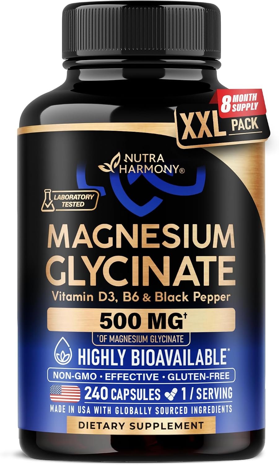Magnesium Glycinate 500mg – VIT. B6 & D3 – Sleep, Muscle & Heart – 240 Caps | Magnesium Bisglycinate – Chelated High Absorption with Black Pepper – Magnesium for Women & Men – Lab Tested & Non-GMO