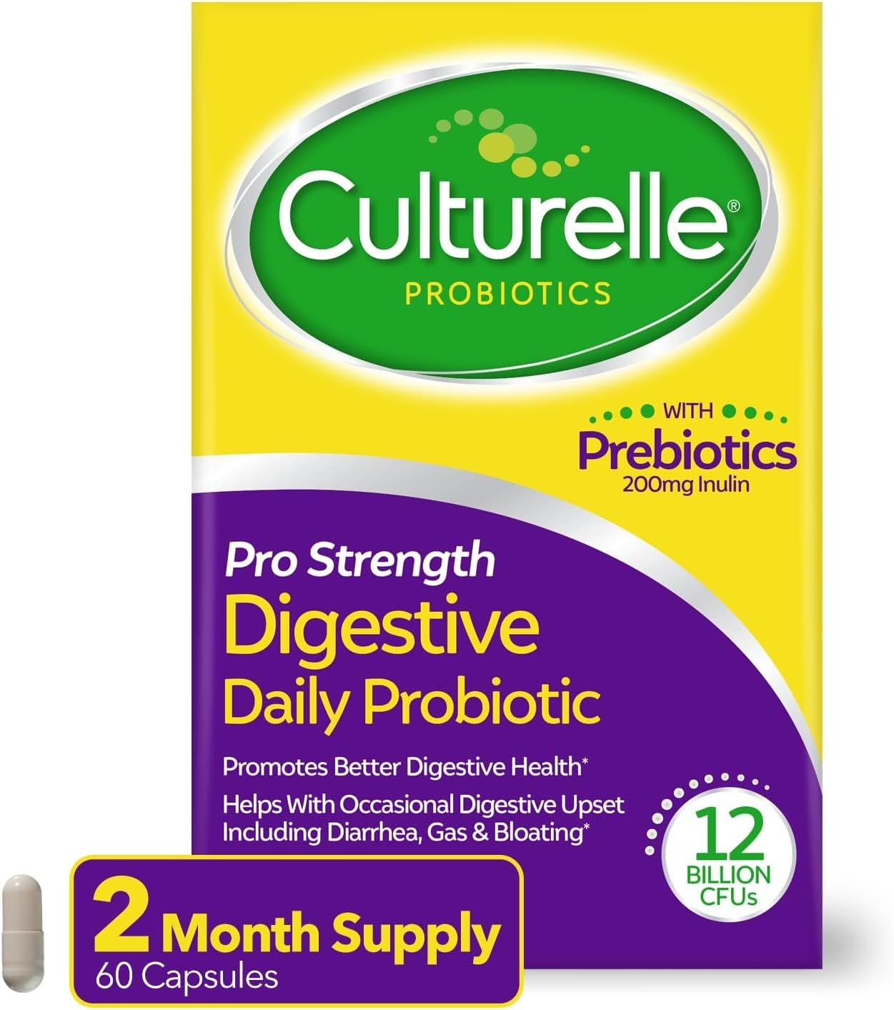 Culturelle Pro Strength Probiotics for Digestive Gut Health*, 12B CFU, 60ct | Daily Prebiotic Probiotic for Women & Men, Synbiotic, Lactobacillus Rhamnosus GG, No Refrigeration Needed, 2 Month Supply