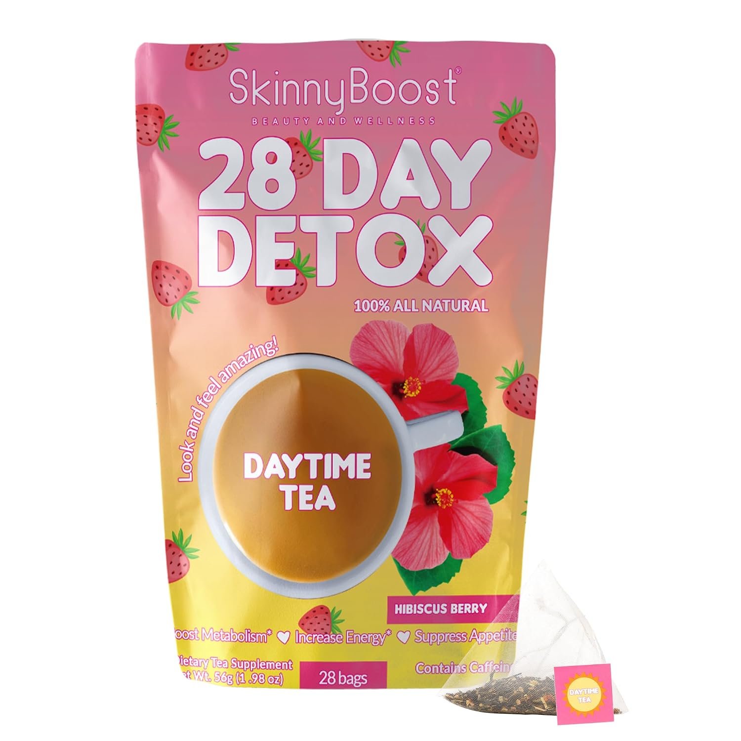 SkinnyBoost 28 Day Detox Daytime Tea -HIBISCUS BERRY (28 Tea Bags) | Supports Metabolism Boost, Detox, Antioxidants, Energy, Digestion, Non GMO, Vegan, Keto Friendly