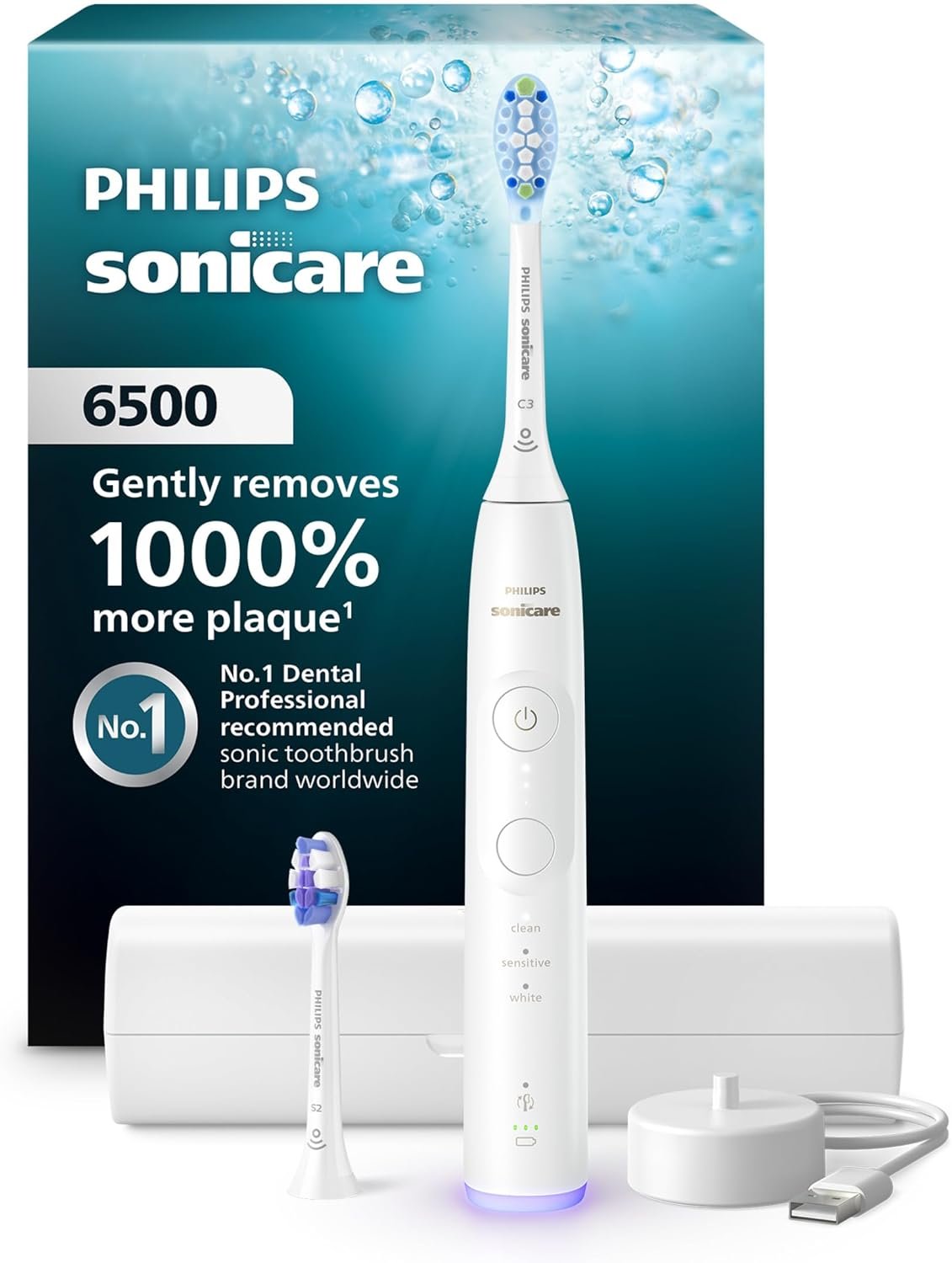 Philips Sonicare 6500 Series Electric Toothbrush – Next-Generation Sonicare Technology, Pressure Sensor, 9 Brushing Settings, SmarTimer, BrushPacer, 21-Day Runtime, Travel Case, White, HX7410/10