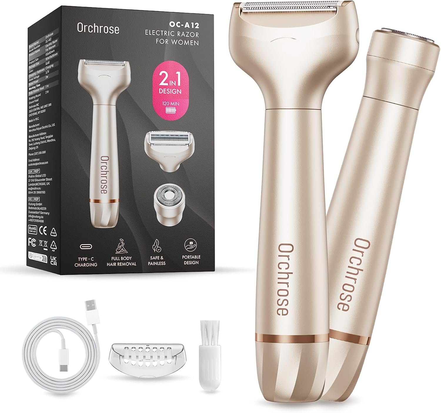 Orchrose Electric Razor for Women Rechargeable: 2-in-1 Painless Shaver for Face Legs Underarms and Bikini Area Twist Knob Travel Lock Design