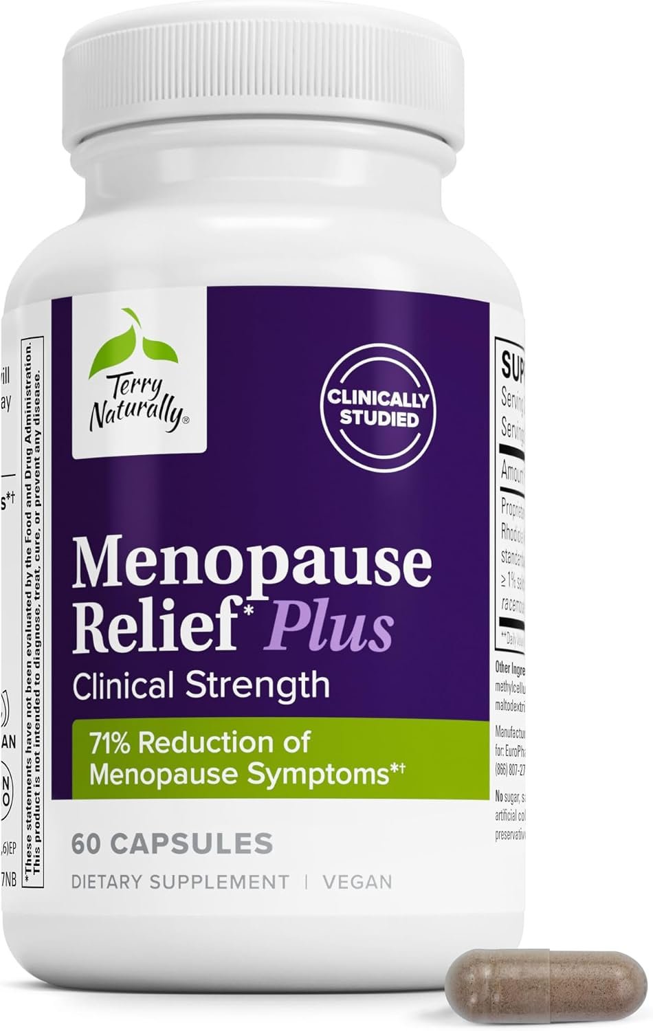 Terry Naturally Menopause Relief Plus – Hot Flash & Mood Support – 60 Count | Hot Flash, Mood and Energy Support for Women. 60 capsules.