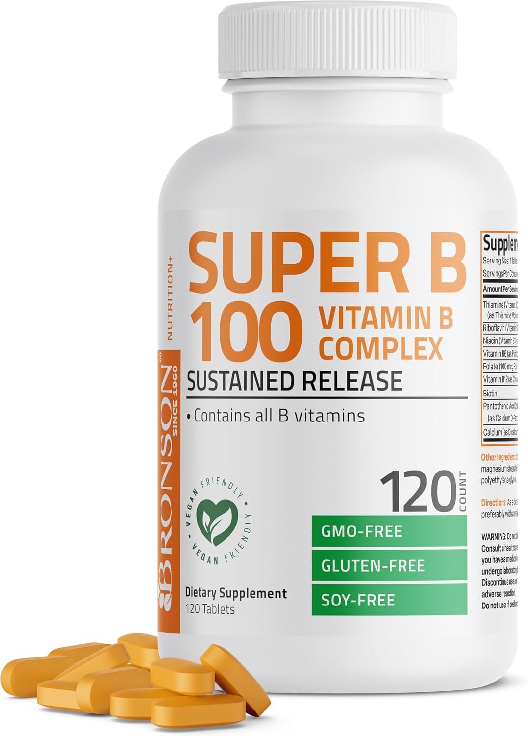 Bronson Super B100 Vitamin B Complex Sustained Release, 120 Tablets | B1, B2, B3, B6, Folic Acid, B12, Biotin & Pantothenic Acid, Energy & Nerve Support, Non-GMO, Gluten-Free & Soy-Free