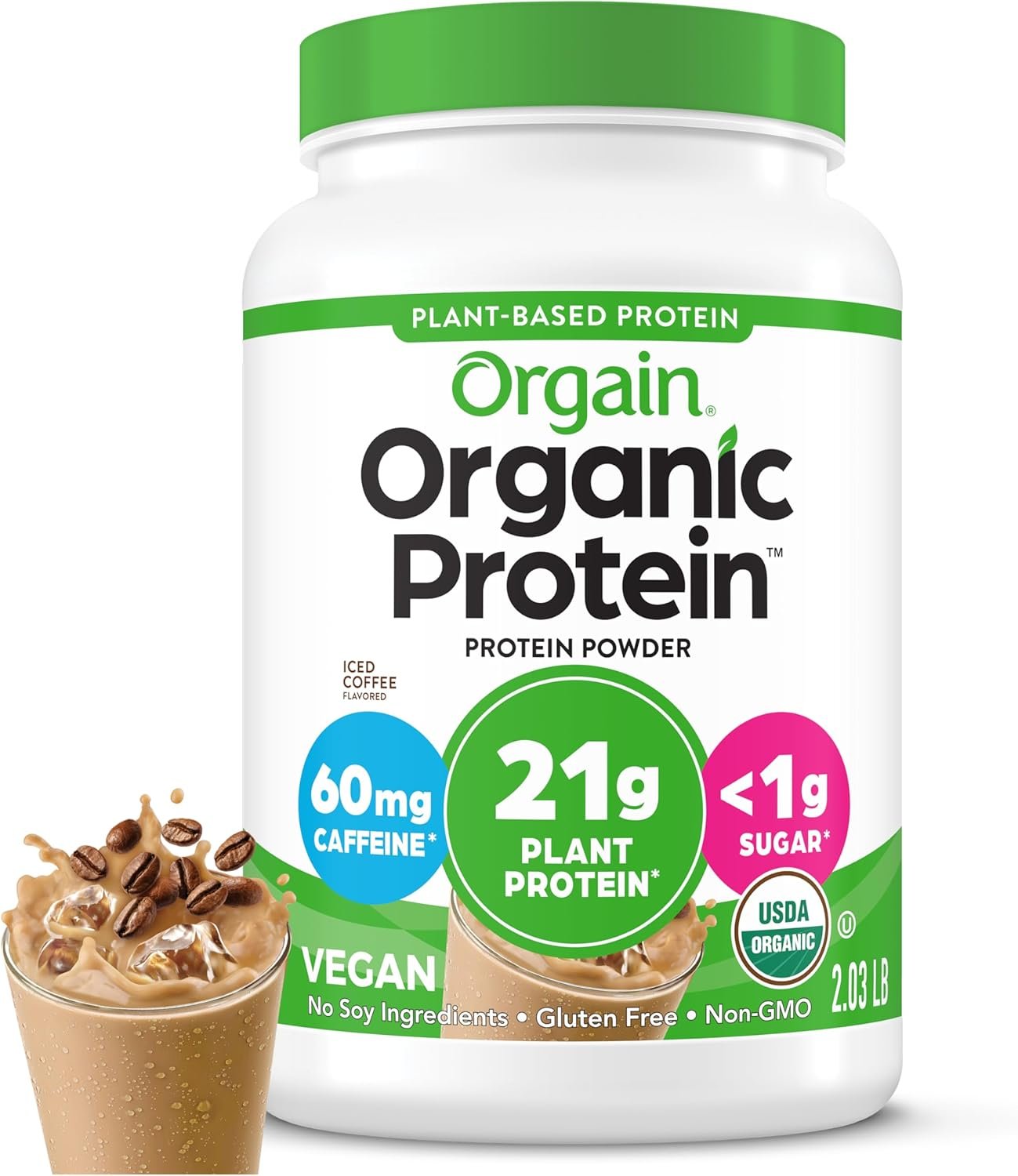 Orgain Organic Vegan Protein Powder, Iced Coffee – 21g Plant Protein, 60mg of Caffeine, Low Net Carb, No Lactose Ingredients, No Added Sugar, Non-GMO, For Shakes & Smoothies, 2.03 lb
