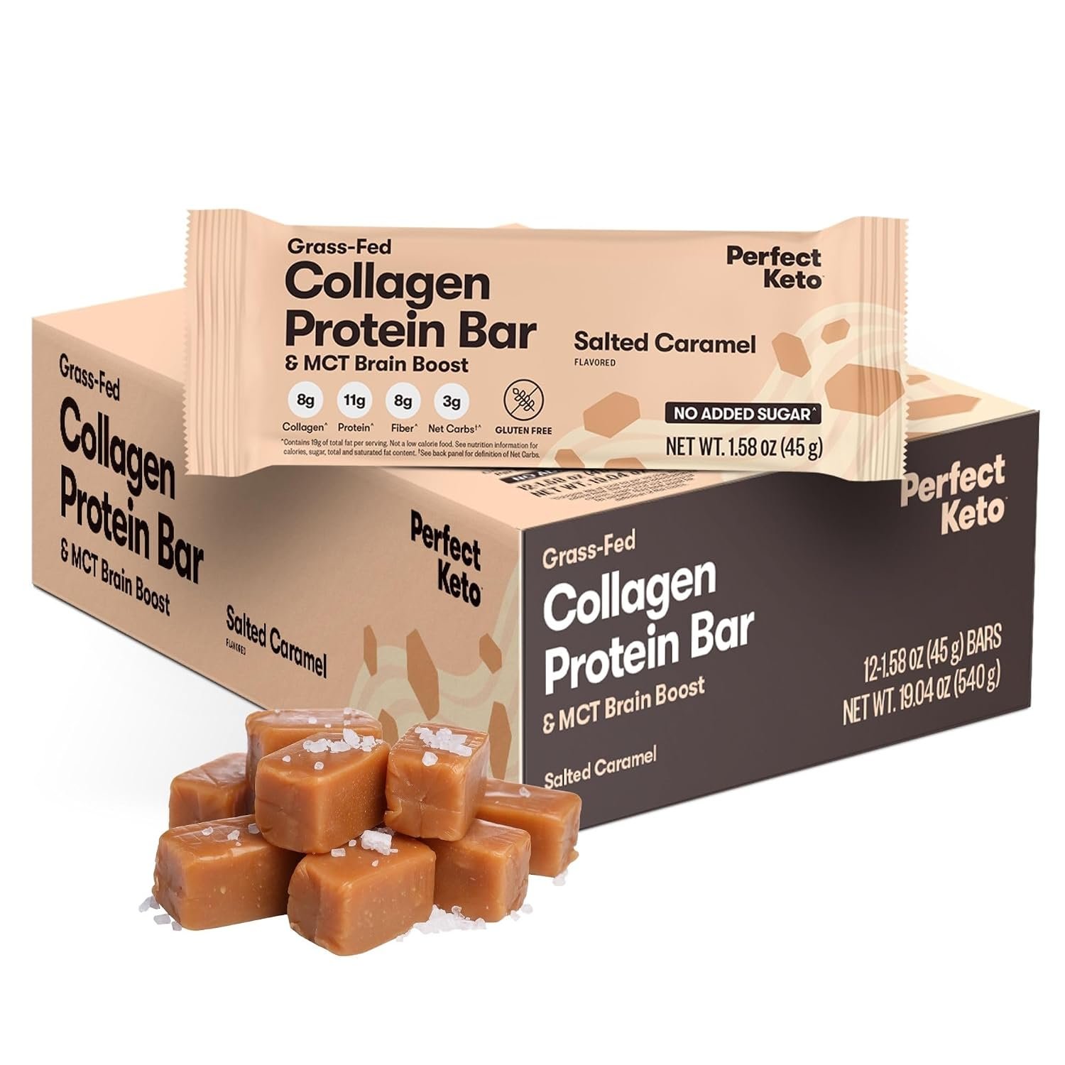 Perfect Keto Bars – The Cleanest Keto Snacks with Collagen and MCT. No Added Sugar, Keto Diet Friendly – 3g Net Carbs, 19g Fat,11g Protein – Diet Food Dessert (Salted Caramel, 12 Bars)
