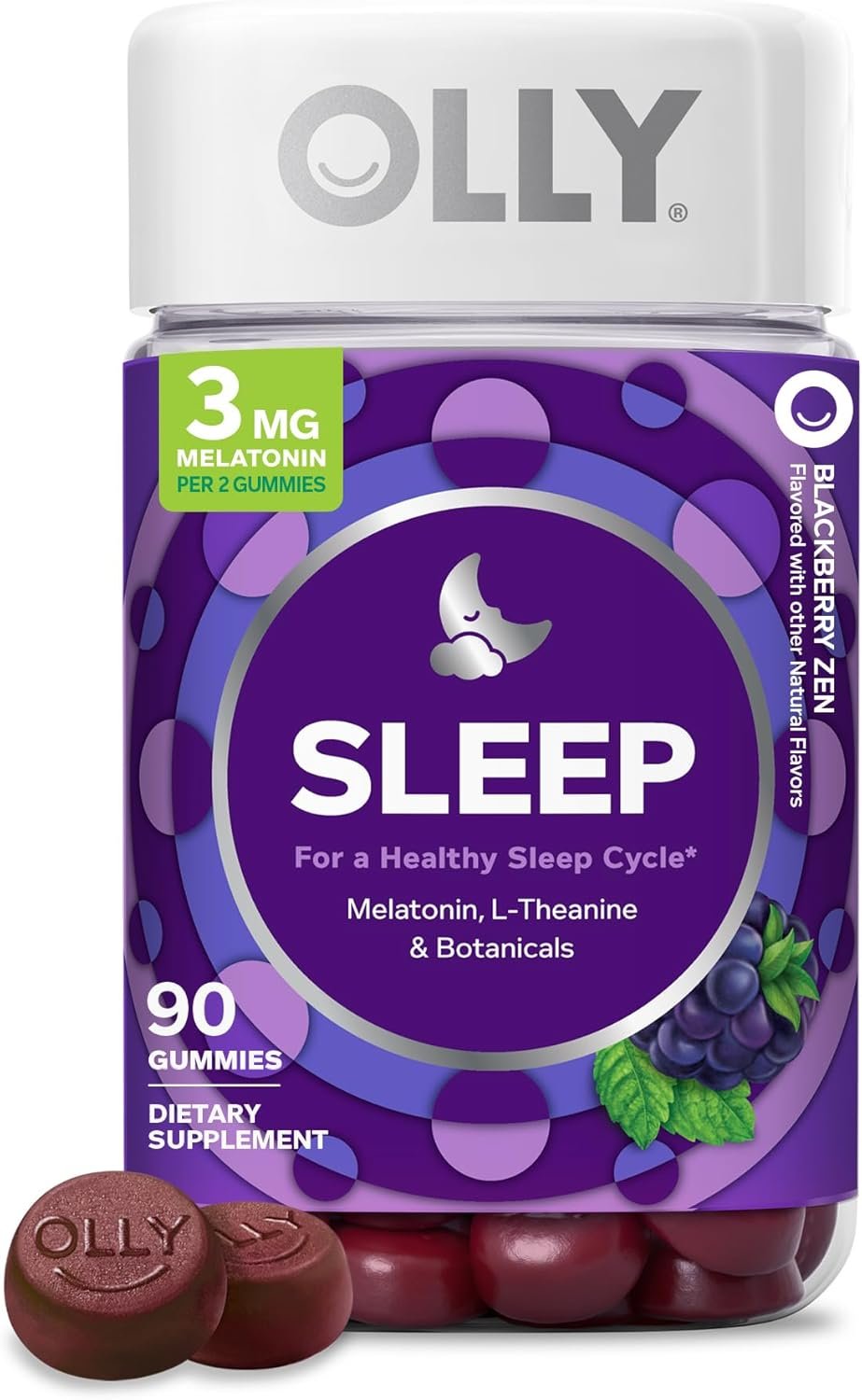 OLLY Sleep Gummies for Adults, 3 mg Melatonin Gummies with L-Theanine, Sleep Support for Restful Sleep*, Non-Habit Forming Sleep Support*, BlackBerry Zen, Gluten Free, 90 Count