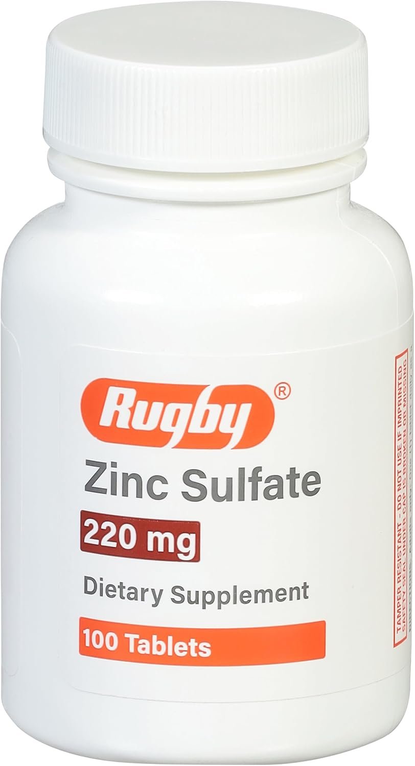 Rugby Zinc Sulfate 220 mg Tablets – Made with Zinc Sulfate Heptahydrate – Dietary Supplement – 100 Count (1 Pack)