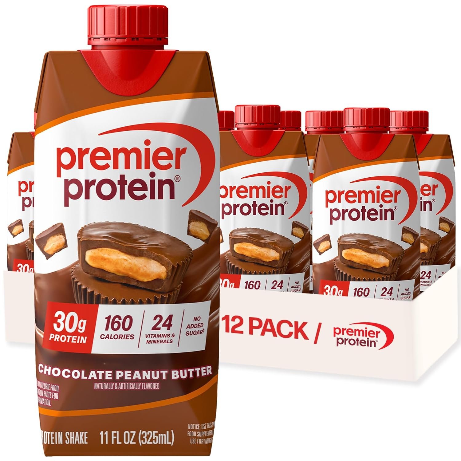 Premier Protein Shake, Chocolate Peanut Butter, 30g High Protein, 12 Pack | 160 Calories, 24 Vitamins & Minerals, No Added Sugar, Supports Muscle Health, Gluten-Free, 11 oz