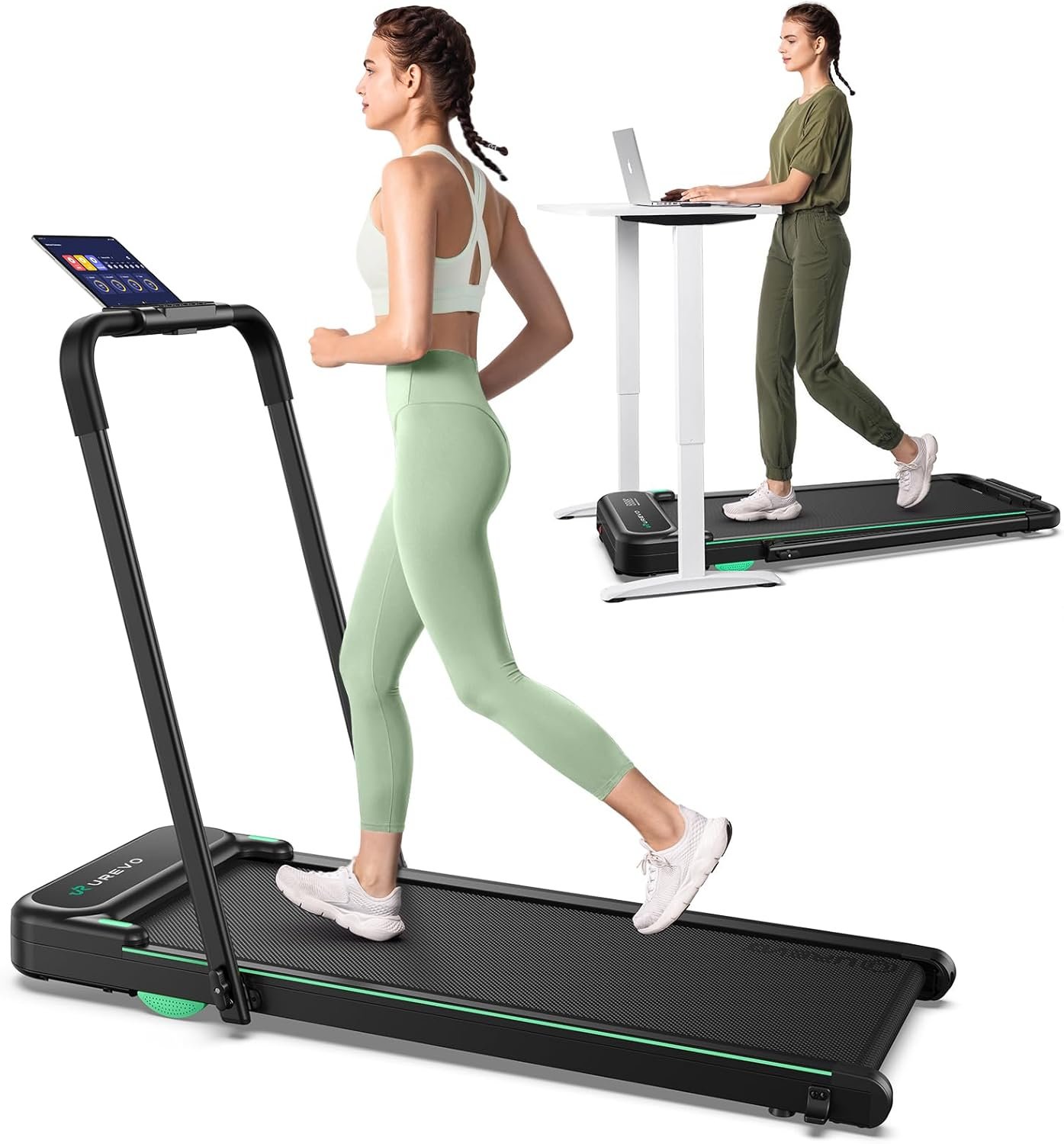 UREVO Strol 2E Smart 2-in-1 Folding Treadmill, Compact Walking Pad with Safety Handle, Plug and Play, Standing Desk Treadmill with Dual LED Display, Smart APP, Walking or Running for Home