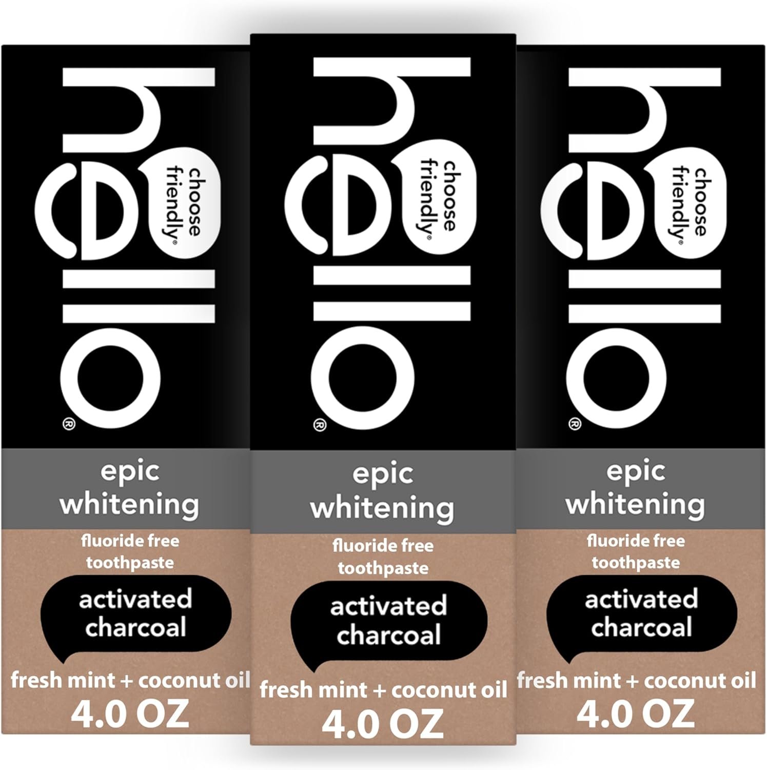 hello Epic Whitening Activated Charcoal Fluoride Free Toothpaste, 3Pk, 4 oz | Black Paste with Fresh Mint and Coconut Oil, Whitens Teeth Naturally, Enamel Safe, Vegan, SLS Free, Dye Free