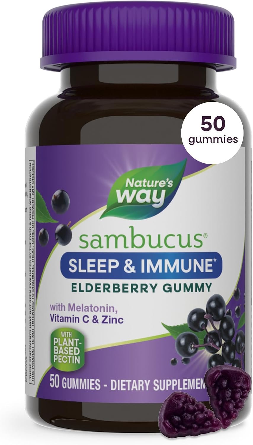 Nature’s Way Sambucus Sleep + Immune Gummies, with Melatonin, 50 ct | Sleep Support with Melatonin*, Vitamin C & Zinc for Immune Support*, Black Elderberry Extract, L-Theanine