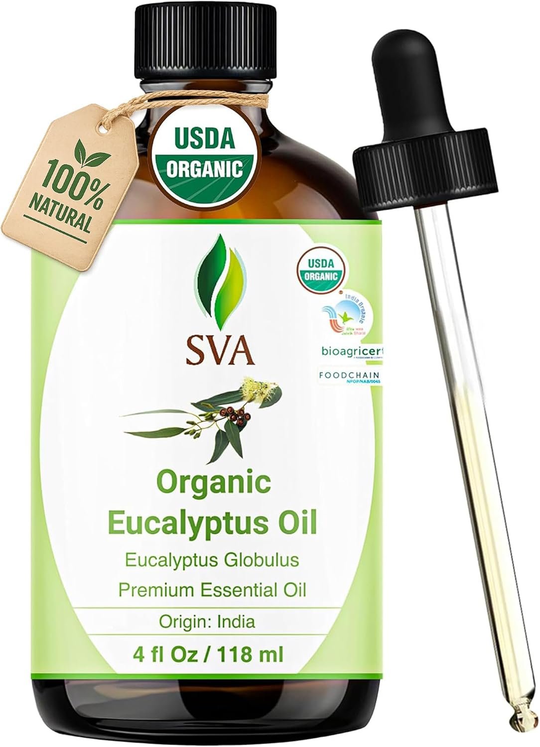 SVA Organic Eucalyptus Essential Oil with Dropper, 4 Fl Oz (118 mL) | Eucalyptus Oil for Diffuser, Humidifier, Sauna, Spa, Steam Room, Shower, Skin Care, Soap Making, Candle Making & DIY Projects