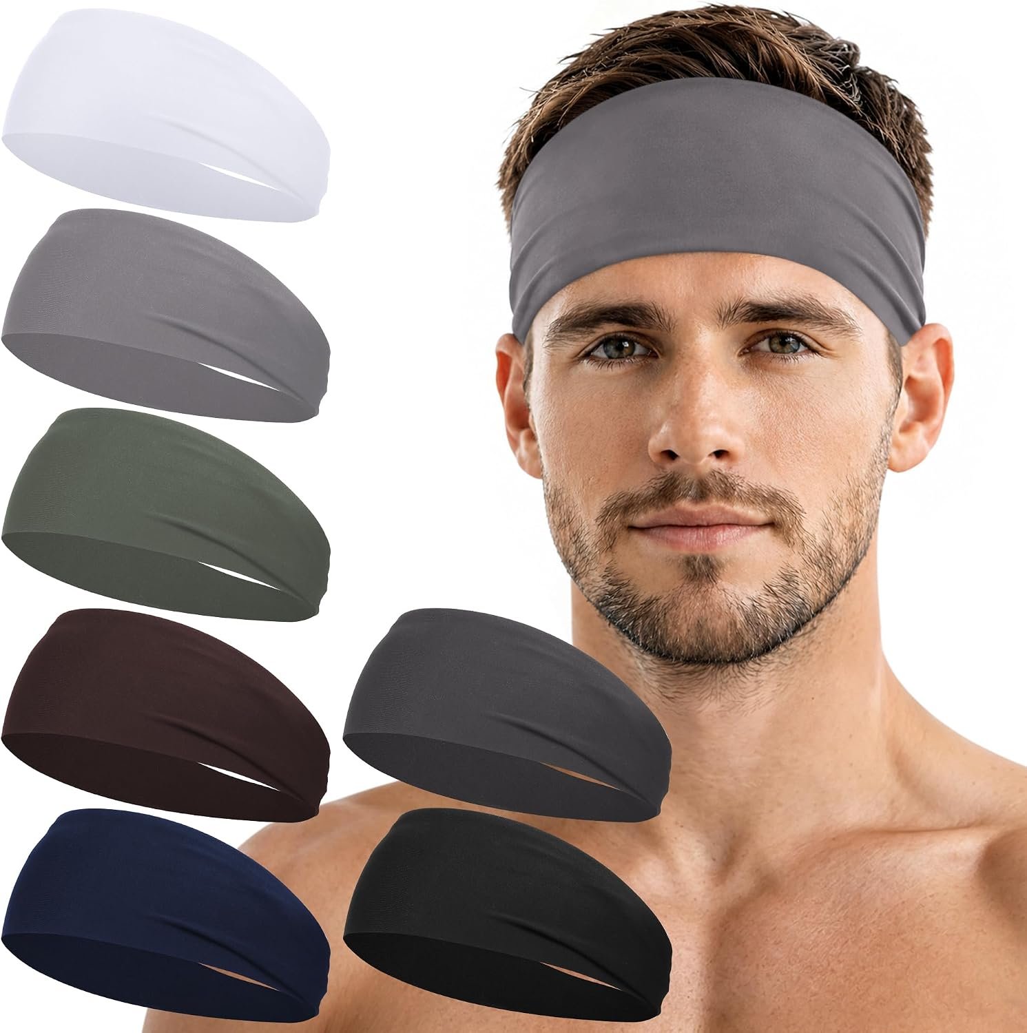 7 Pack Sports Headbands for Men, Sweat Absorbent Non Slip Elastic Headband, Quick Dry Workout Running Yoga Gym Head Wrap for Outdoor Work