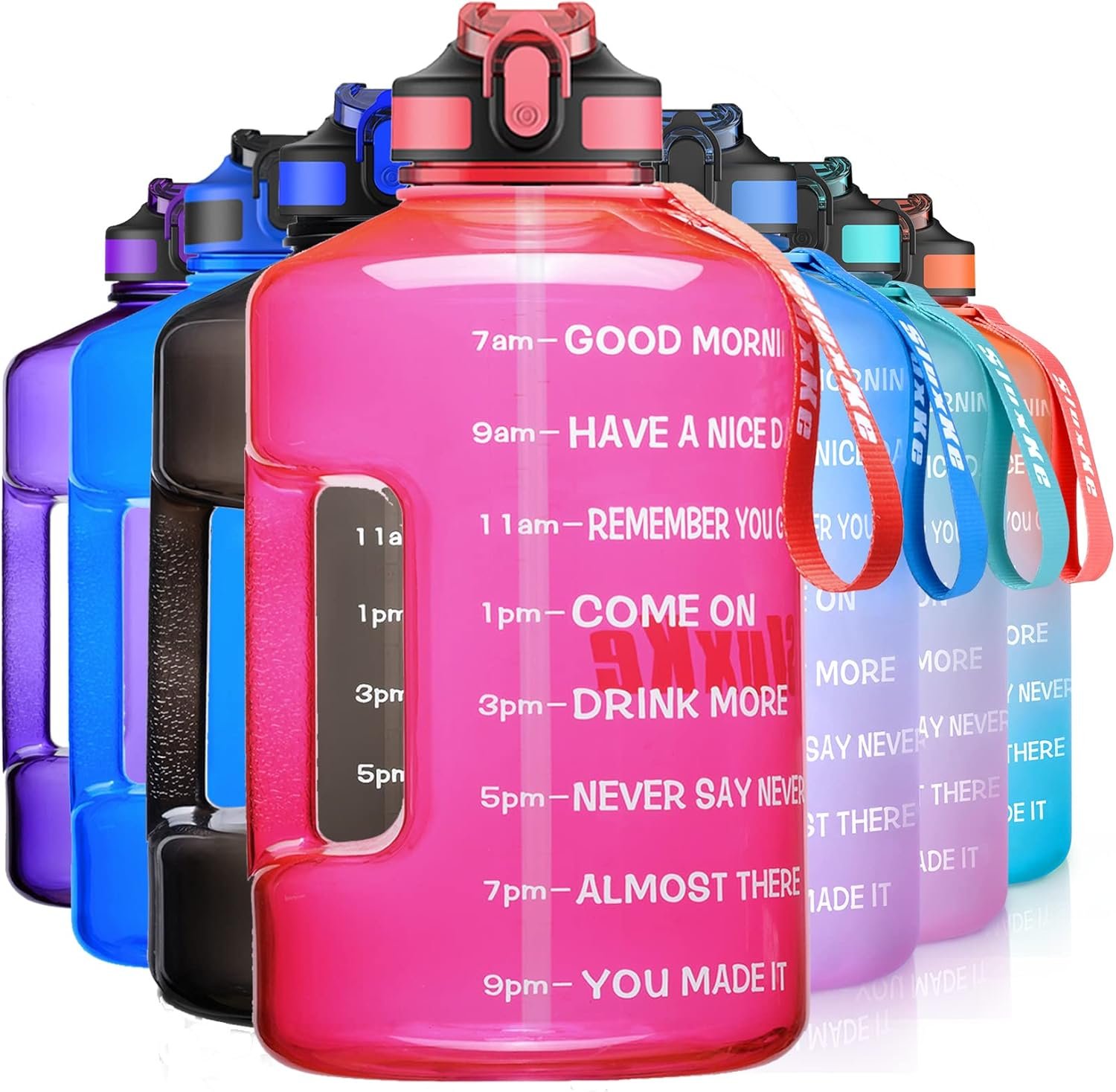 SLUXKE 1 Gallon Motivational Sports Water Bottle with Time Marker, BPA Free 128oz Leak Proof Jug, Black, Plastic, 128 ounces, Fitness, Sports, Outdoor Activities