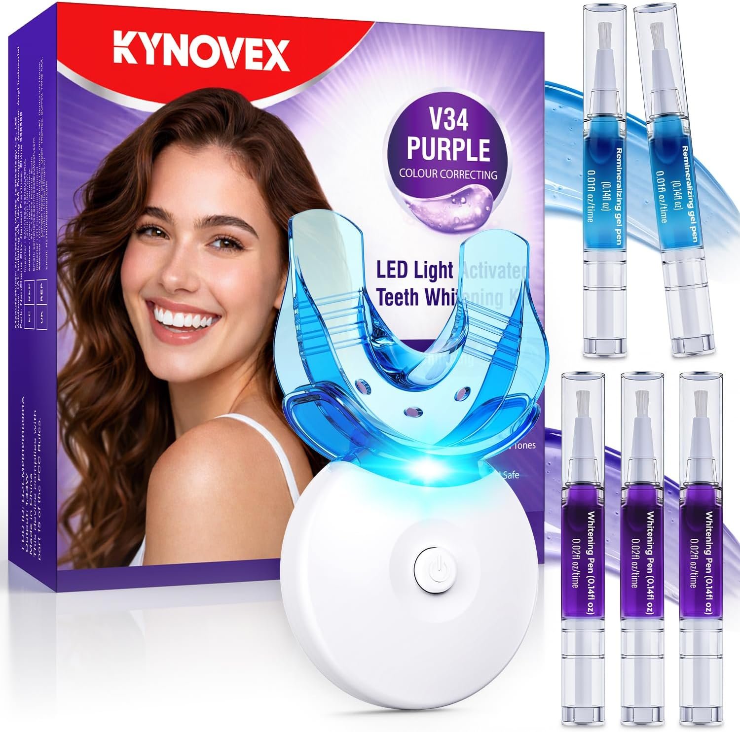 Teeth Whitening Kit with LED Light 35% Pap + Purple Tone Neutralizing 3 Whitening Pens + 2 Desensitising Gel Pens Instant Brightness & 7-Day Whitening Enamel-Safe (Mint)
