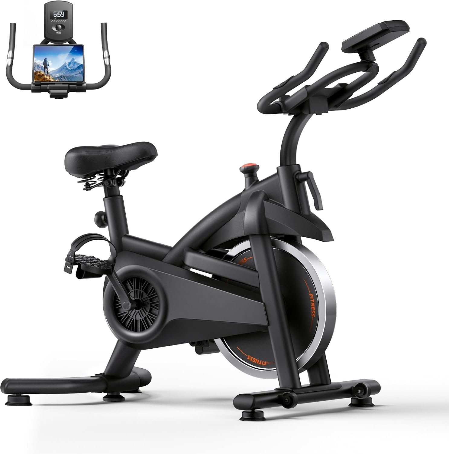 CURSOR FITNESS Exercise Bike, Brake Pad Stationary Bike for Home with Exclusive App, Stationary Bikes for Home with 300 lb Weight, Indoor Cycling Spin Bike Workout Bike with Extra Comfort Seat