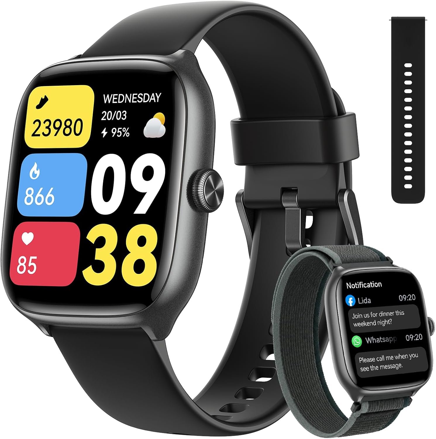 Woneligo Smart Watch for Men Android & iPhone [43mm 3 Bands], 1.75‘’ AMOLED Display Fitness Watch with Answer/Make Calls, 110+ Sport Modes, Heart Rate/Sleep/SpO2 Monitor, 3ATM Waterproof (Deep Black)