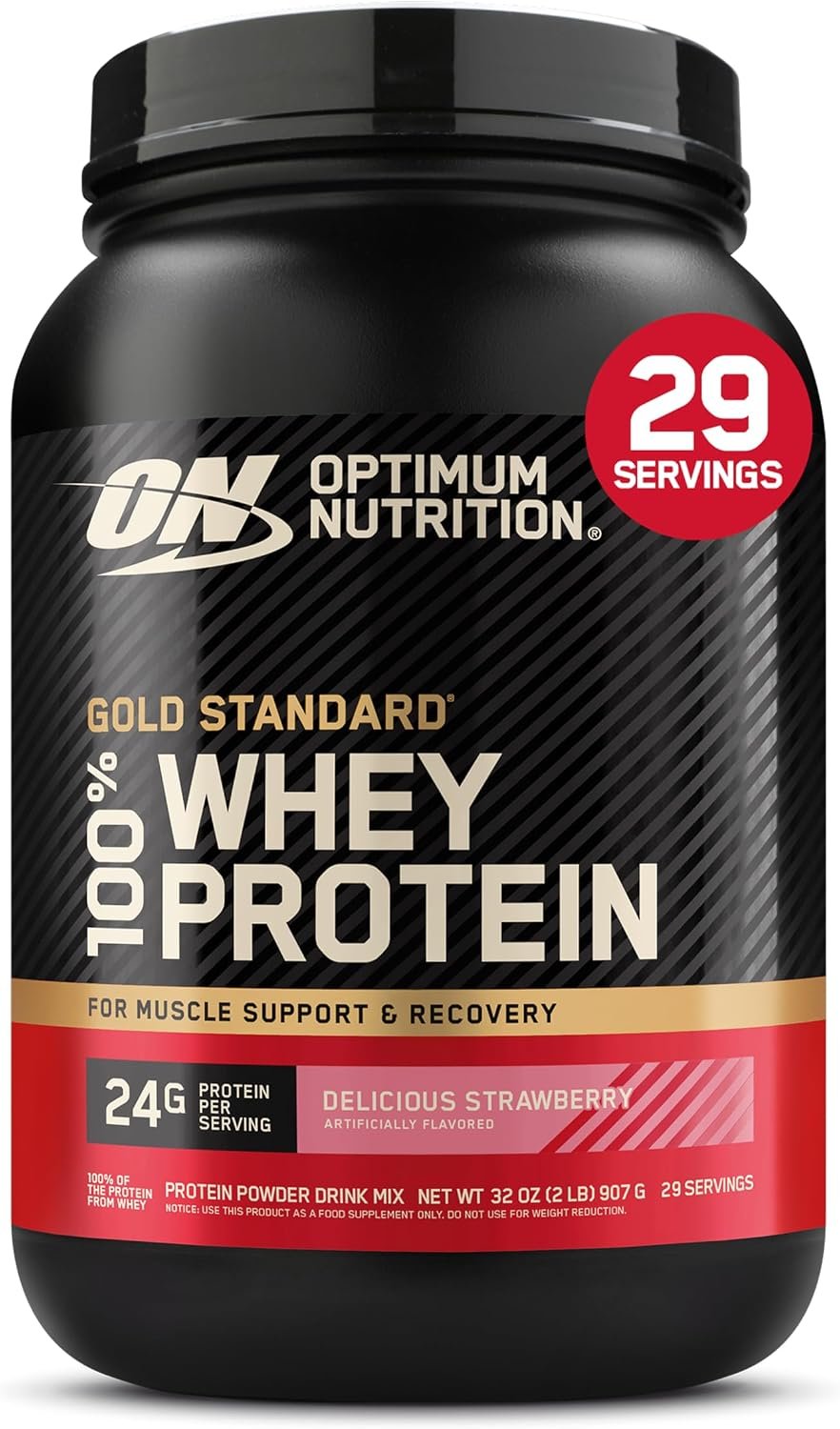 Optimum Nutrition Gold Standard 100% Whey Protein Powder, Delicious Strawberry, 2 Pound (Packaging May Vary)