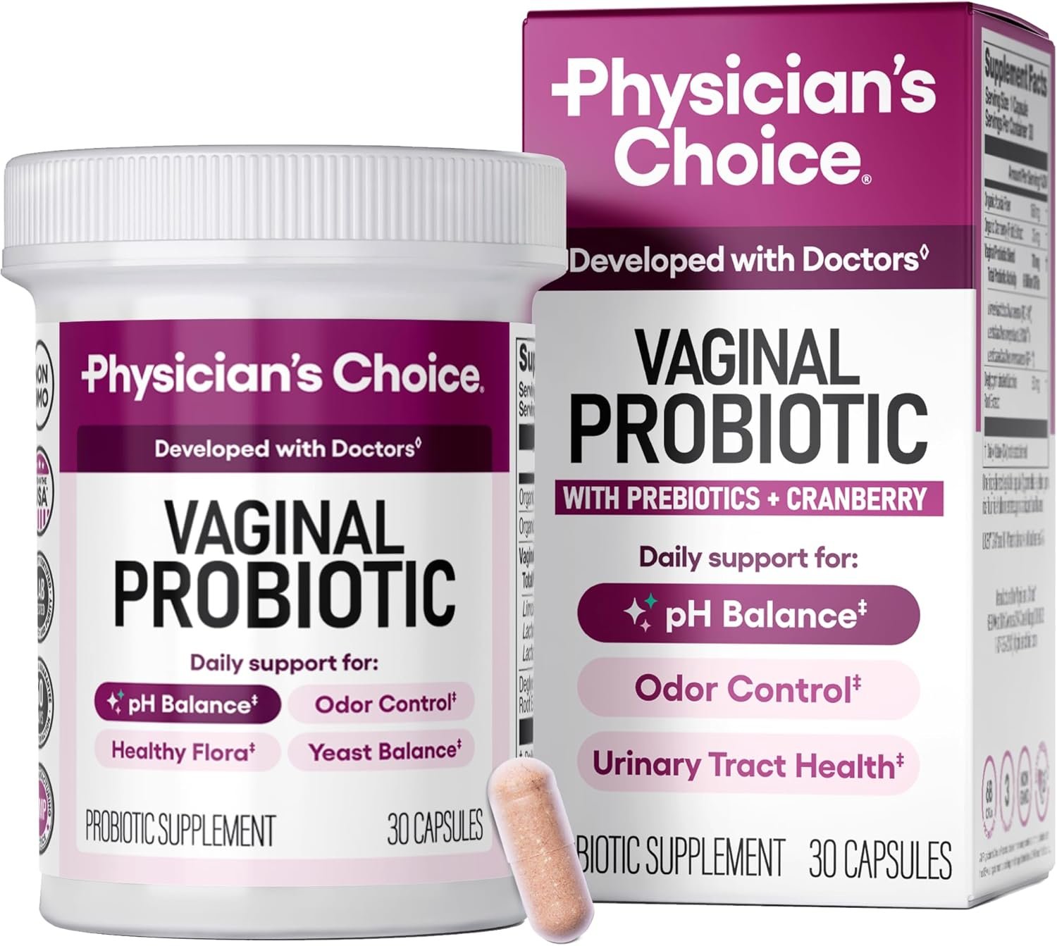 Physician’s CHOICE Vaginal Probiotics for Women, pH Balance & Odor, 30ct | Supports Odor Control, Vaginal Flora, Yeast Balance & Feminine Health, 6B CFU, Organic Prebiotics, Cranberry Extract