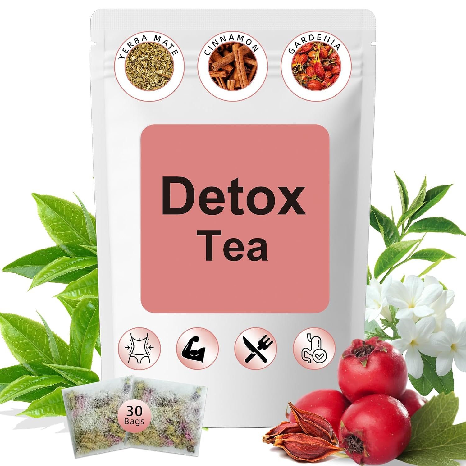 Gluvelessia Detox Tea，7 Carefully Selected Plant-Based Ingredients to Complement Balanced Eating Habits,Yerba Mate, Cinnamon, Gardenia & More, No Sugar，Hawthorn–30Tea Bags (Pack of 1)
