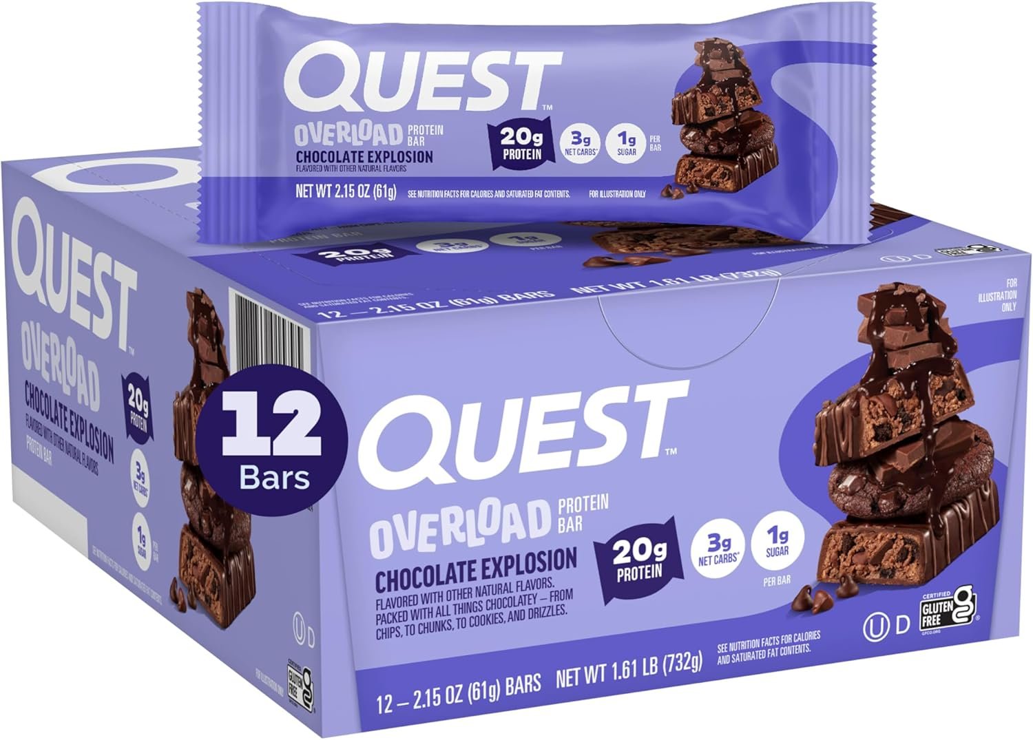Quest Nutrition Overload Protein Bars, Chocolate Explosion, 12 Count | 20g Protein, 11g Fiber, 1g Sugar, Gluten Free, High Quality Protein, Loaded with Flavorful Chunks, Individually Wrapped