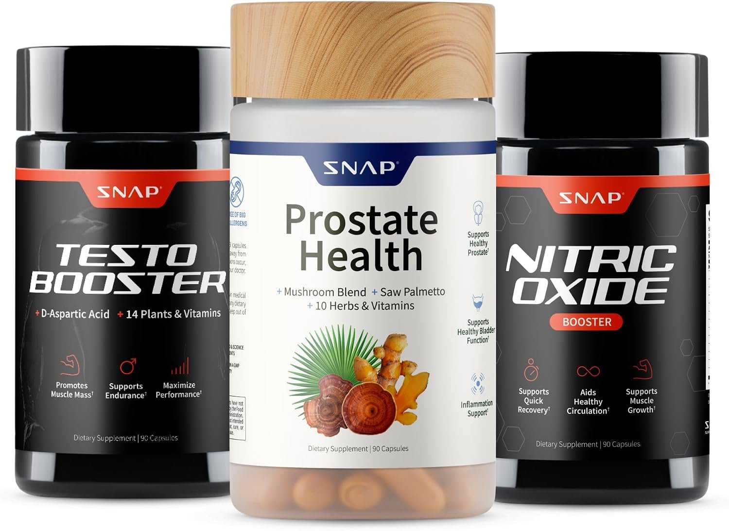 Snap Supplements Big Boy Bundle, Daily Men’s Health Support, 90 Caps. Each | Includes Prostate Health with Saw Palmetto for Men, Testo Booster for Men & Nitric Oxide Booster, Vegan, Non-GMO, Gluten-Free