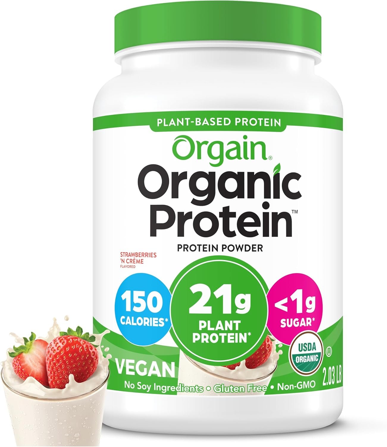 Orgain Organic Vegan Protein Powder, Strawberries & Cream – 21g of Plant Based Protein, Low Net Carbs, Gluten/ Lactose Free, No Sugar Added, Soy Free, Non-GMO, 2.03 Lb