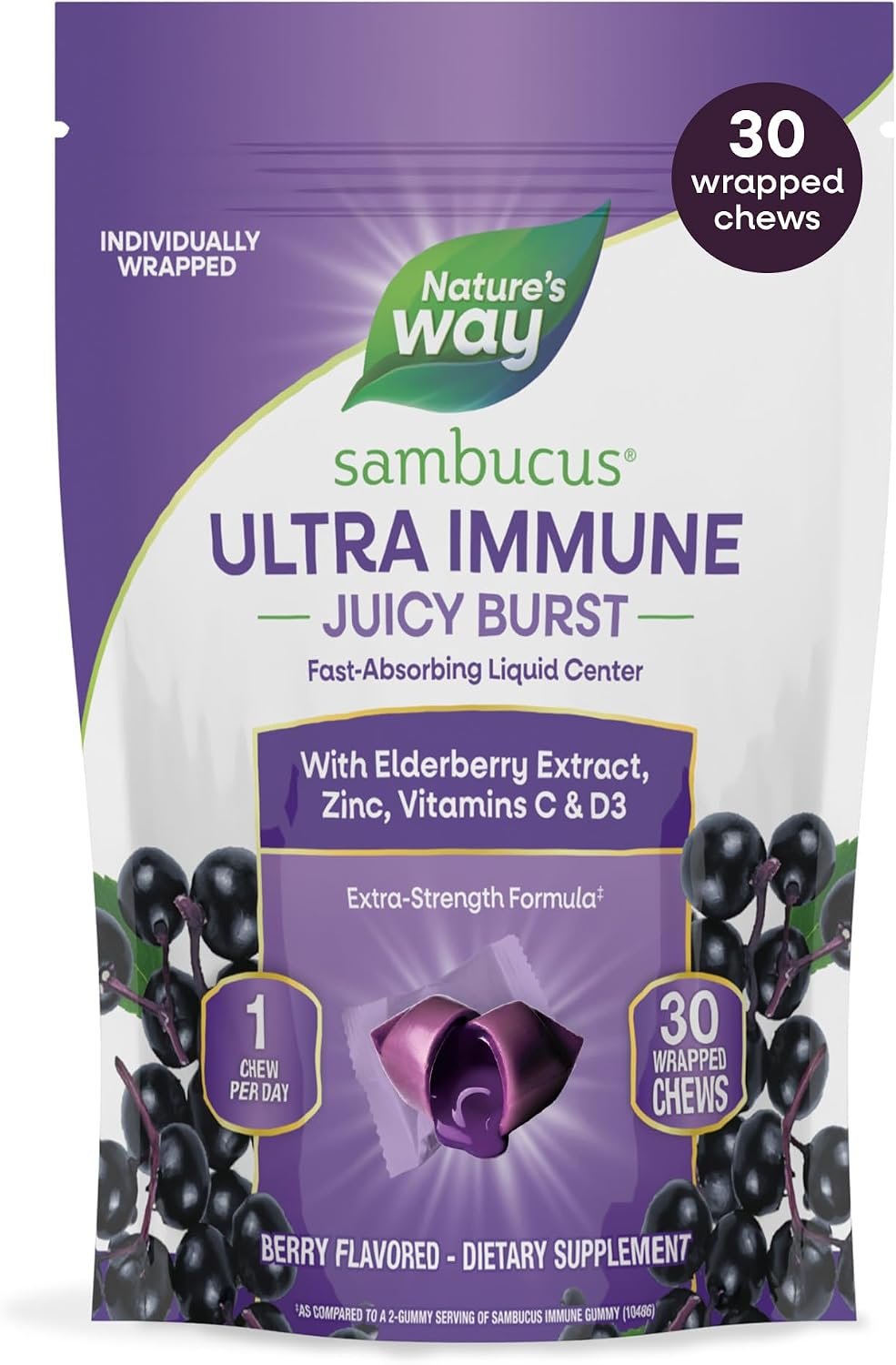 Nature’s Way Sambucus Ultra Immune Juicy Burst Chews*, Berry, 30 ct | Immune Support Chews with Extra-Strength Formula(1)*, Elderberry Chews with Vitamin D3, Vitamin C & Zinc, Elderberry Extract