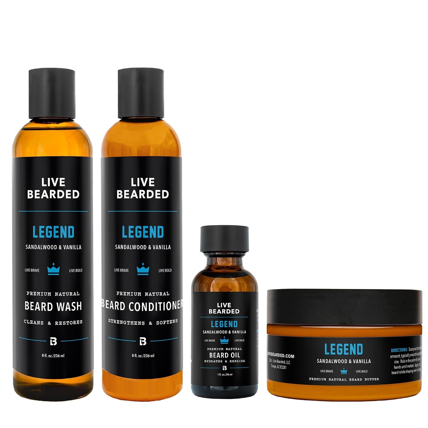 Live Bearded Complete Beard Grooming Kit – Wash, Conditioner, Butter, Oil | Legend Scent – Sandalwood, Vanilla – Mens Grooming Set for Beard and Mustache