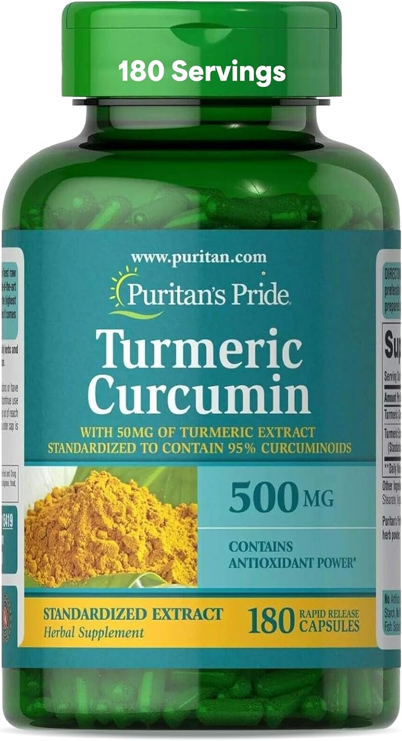 Puritan’s Pride Turmeric Curcumin 500mg, Standarized to 95% Cucuminoids, Herbal Dietary Supplement for Antioxidant Health, 180 Radpid Release Capsules