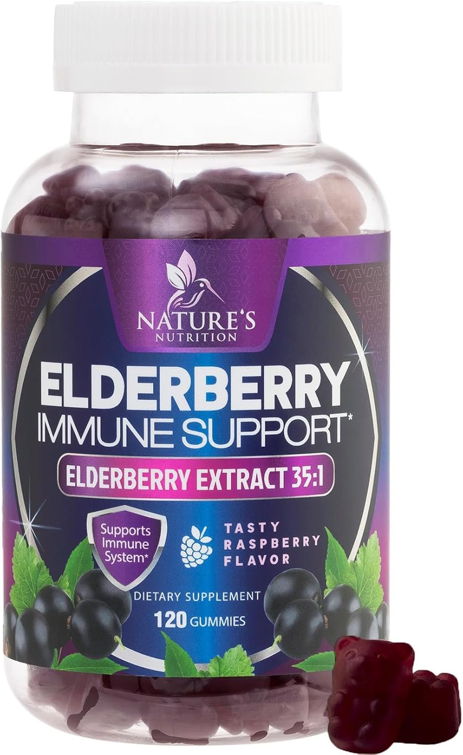 Elderberry Immune Support Gummies – Powerful Black Elderberry Extract Sambucus Nigra Vitamin Supplement – Natural Daily Immune Support Adults & Kids Ages 4+ Love – Delicious Berry Flavor – 120 Gummies