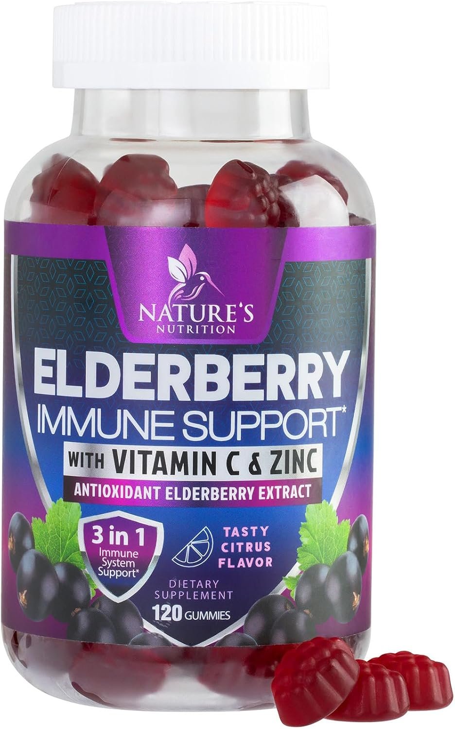 Elderberry Immune Support Gummies – 3X Strength Sambucus Elderberry Gummy with Vitamin C, D3 & Zinc – Nature’s Black Elderberry Extract – Immune Support Supplement for Adults & Kids – 120 Gummies